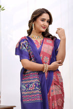 Sampada — Rose and Blue Patola Print Cotton Linen Saree