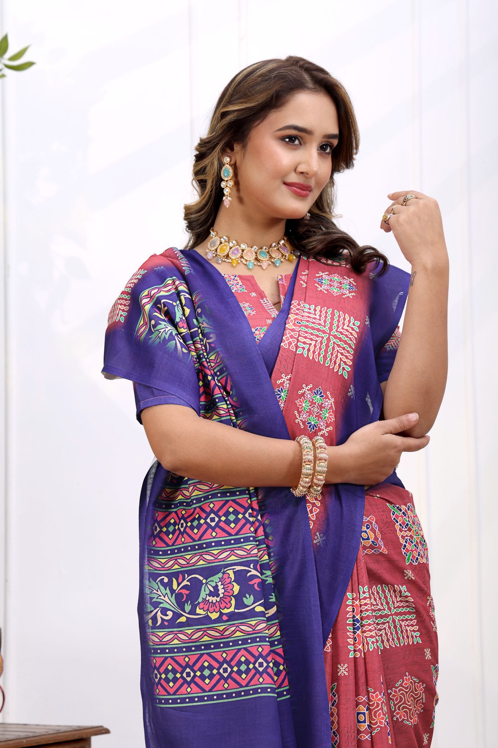 Sampada — Rose and Blue Patola Print Cotton Linen Saree