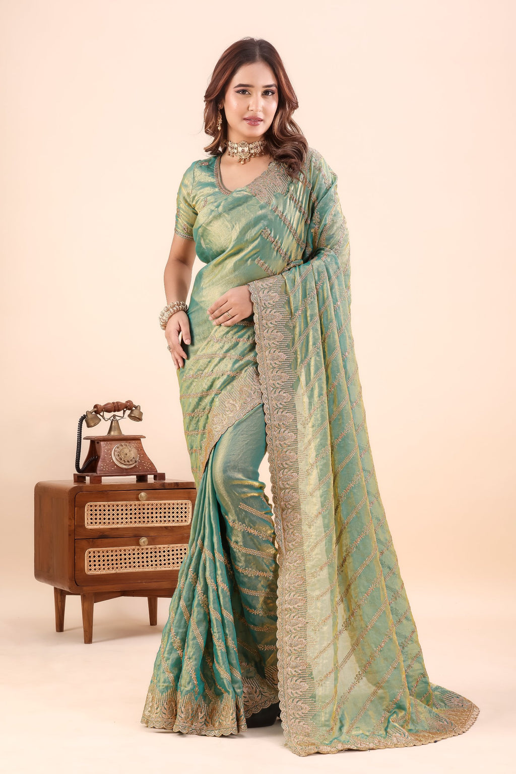 Sarayu — Green Frendy Satin Silk Zari Embroidered Saree