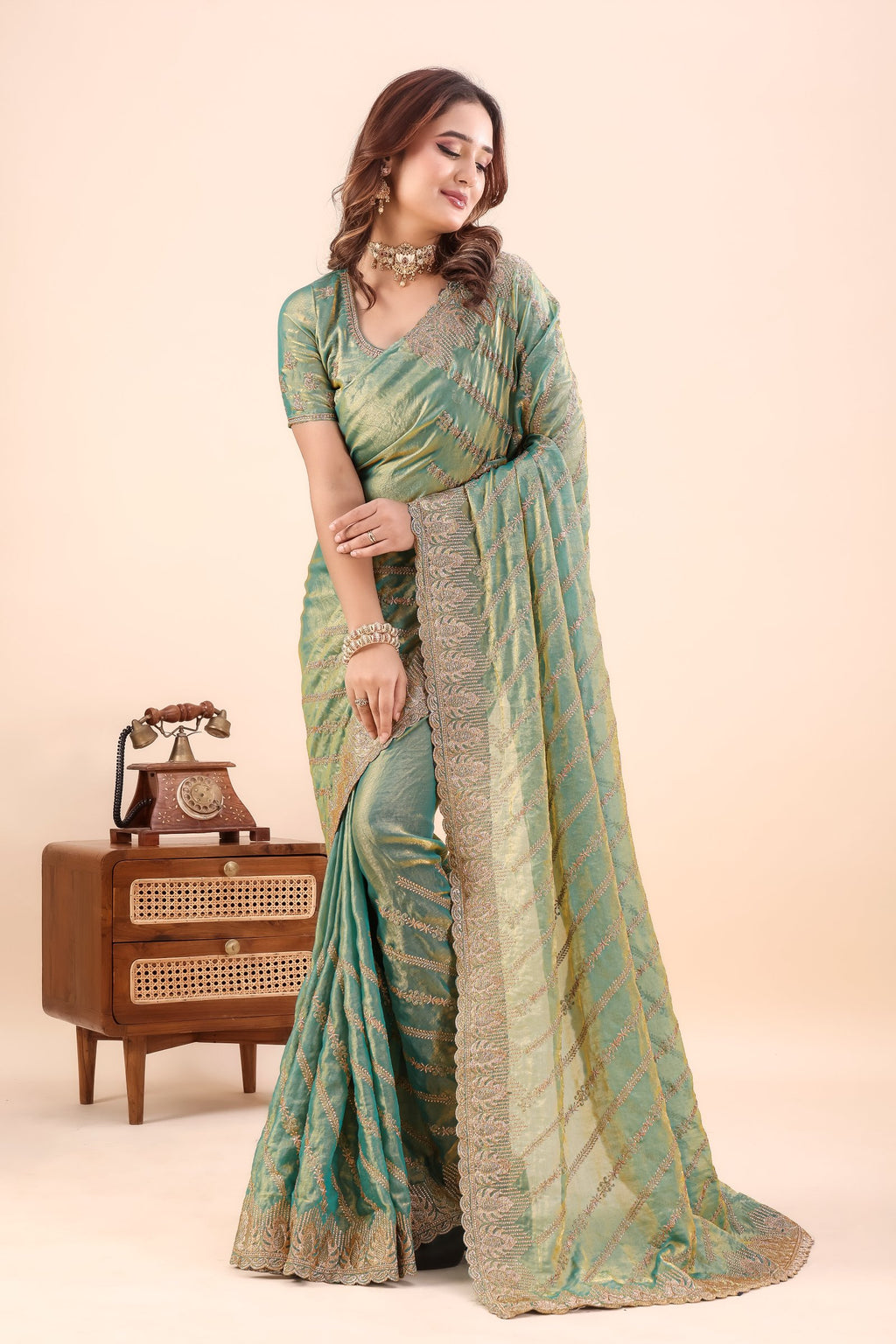 Sarayu — Green Frendy Satin Silk Zari Embroidered Saree