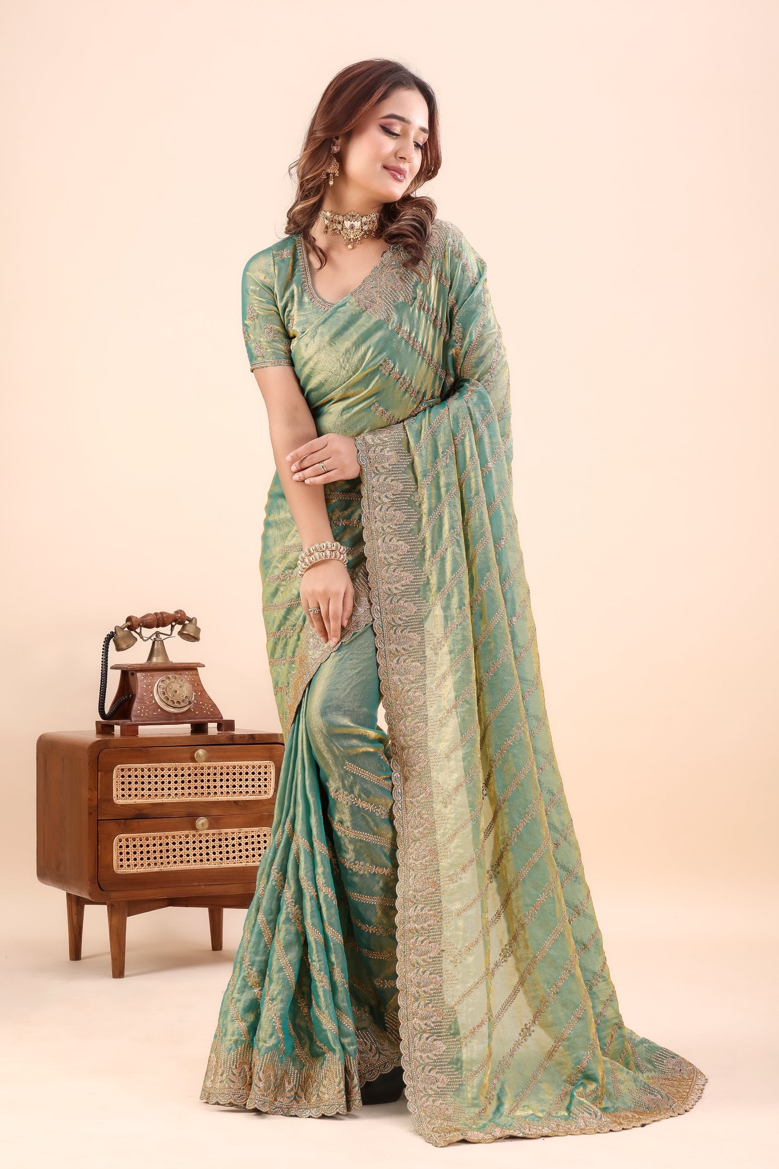 Sarayu — Green Frendy Satin Silk Zari Embroidered Saree