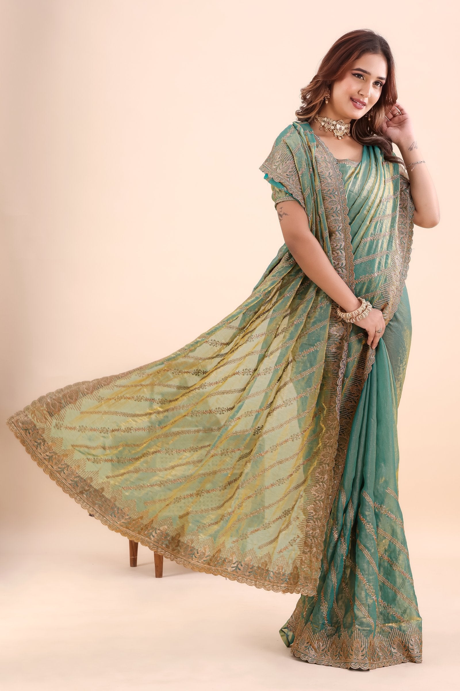 Sarayu — Green Frendy Satin Silk Zari Embroidered Saree