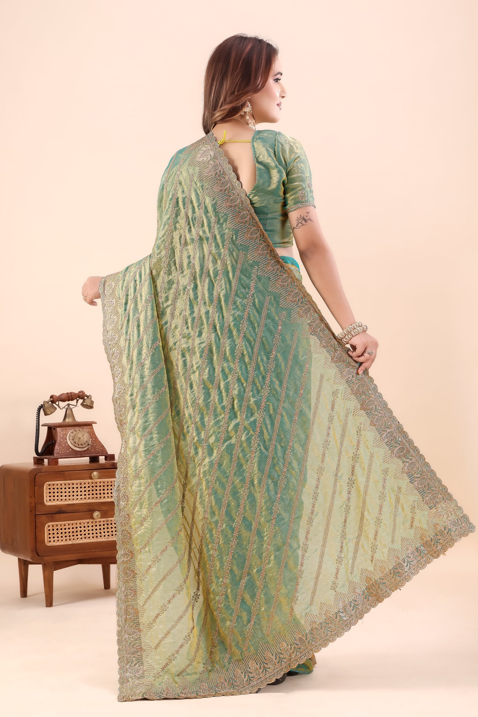 Sarayu — Green Frendy Satin Silk Zari Embroidered Saree