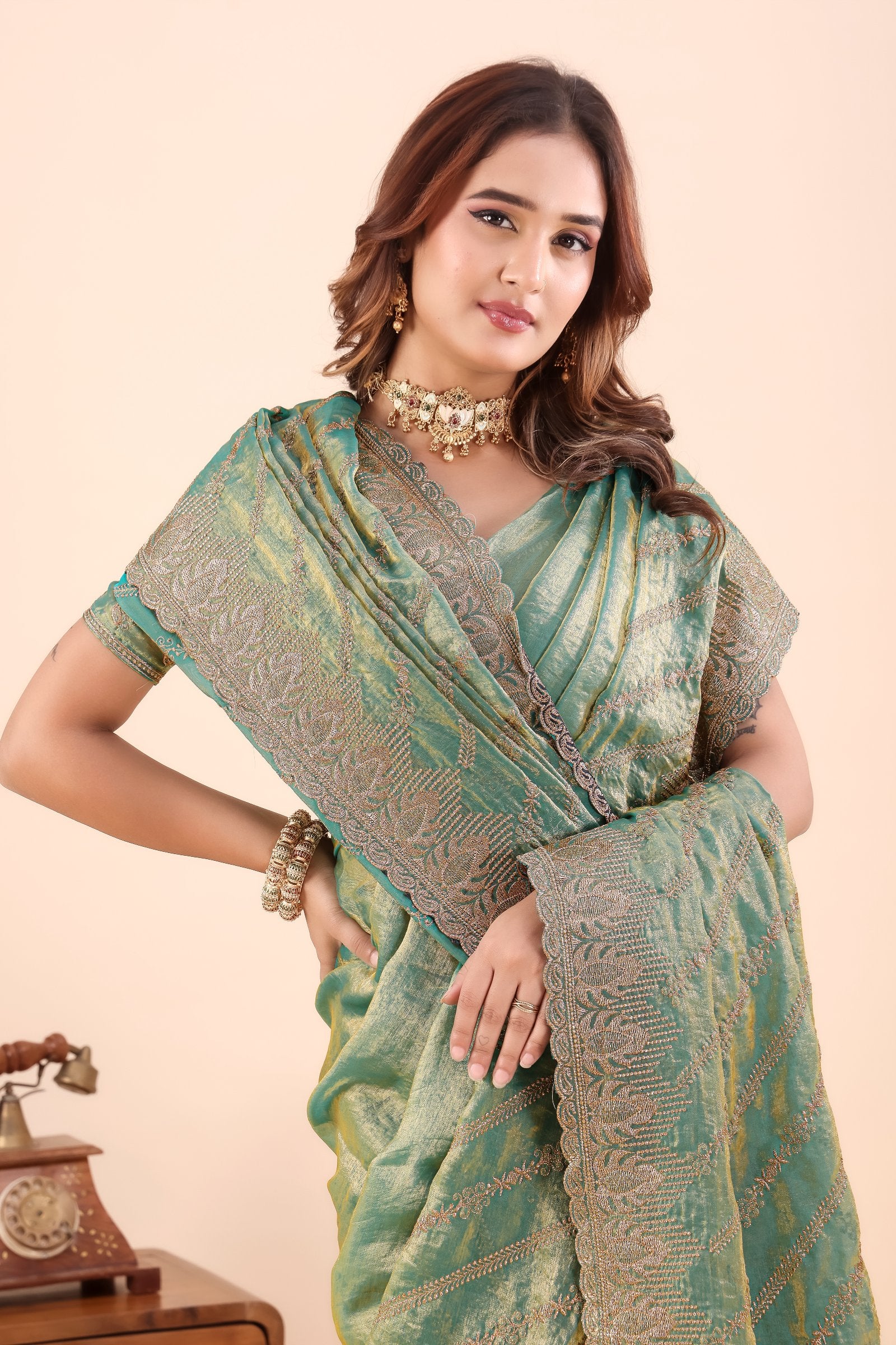 Sarayu — Green Frendy Satin Silk Zari Embroidered Saree