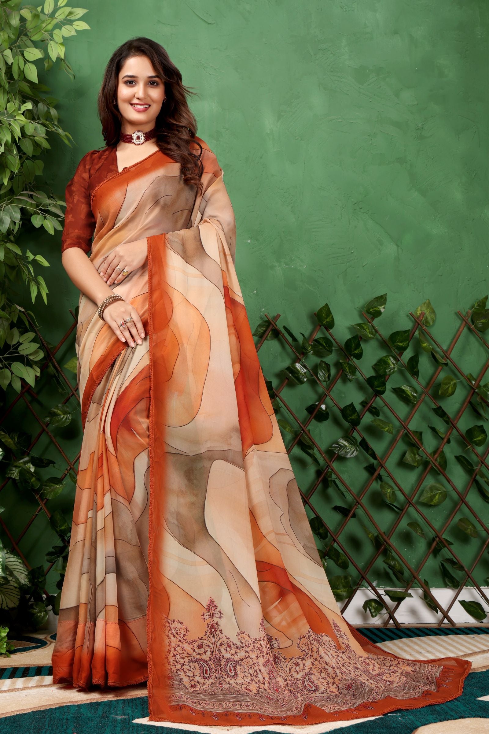 Sharvani — Earth Toned Abstract Pattern Georgette Saree