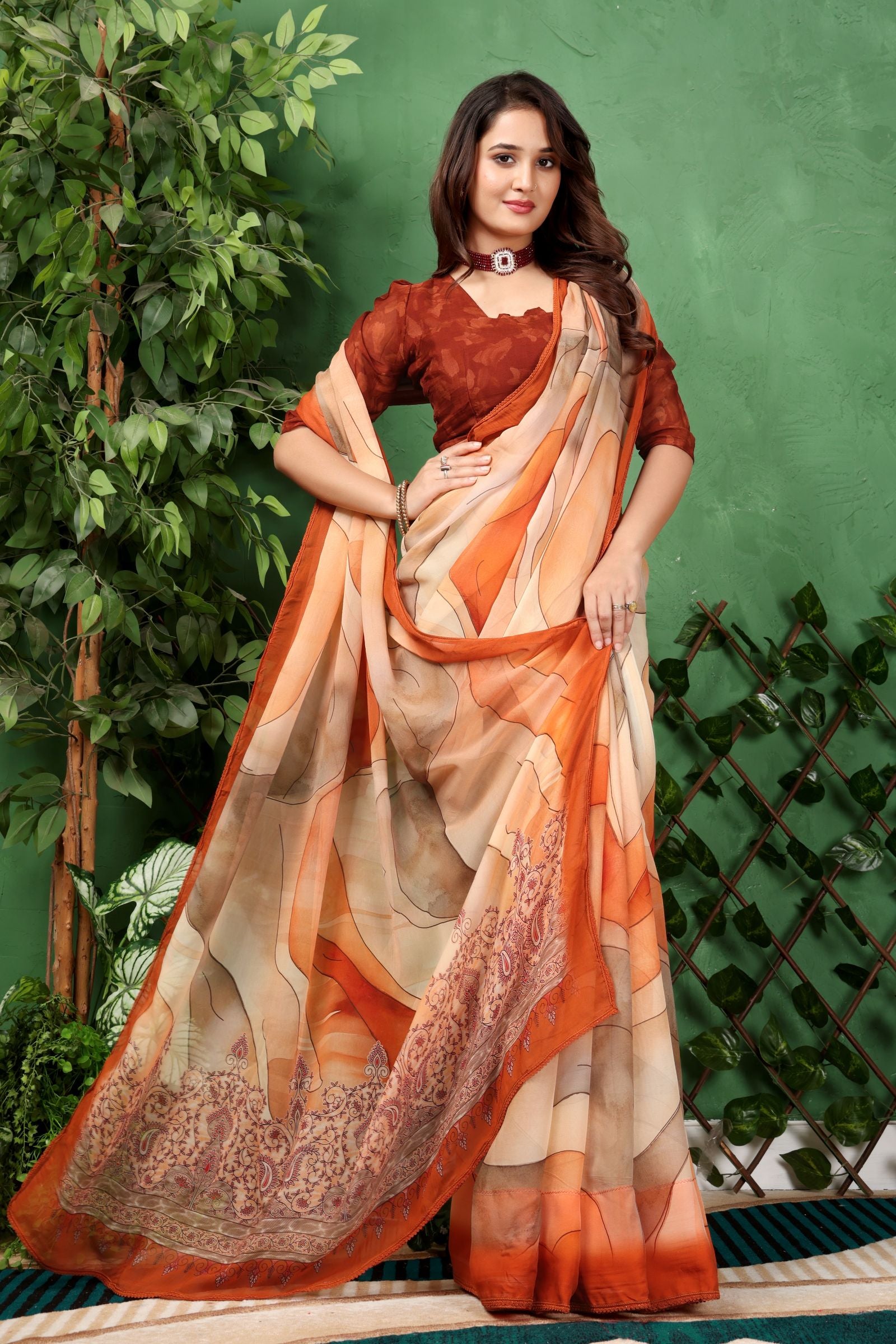 Sharvani — Earth Toned Abstract Pattern Georgette Saree