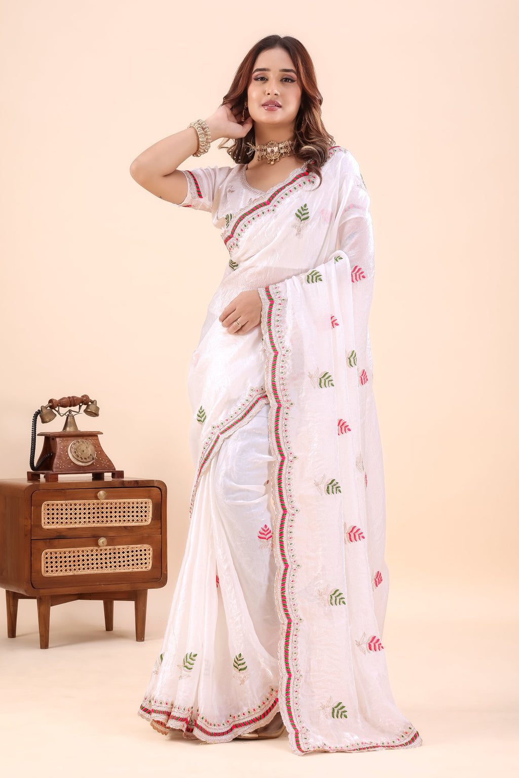 Shvetangi — White Satin Silk Leaf Motif Embroidered Saree