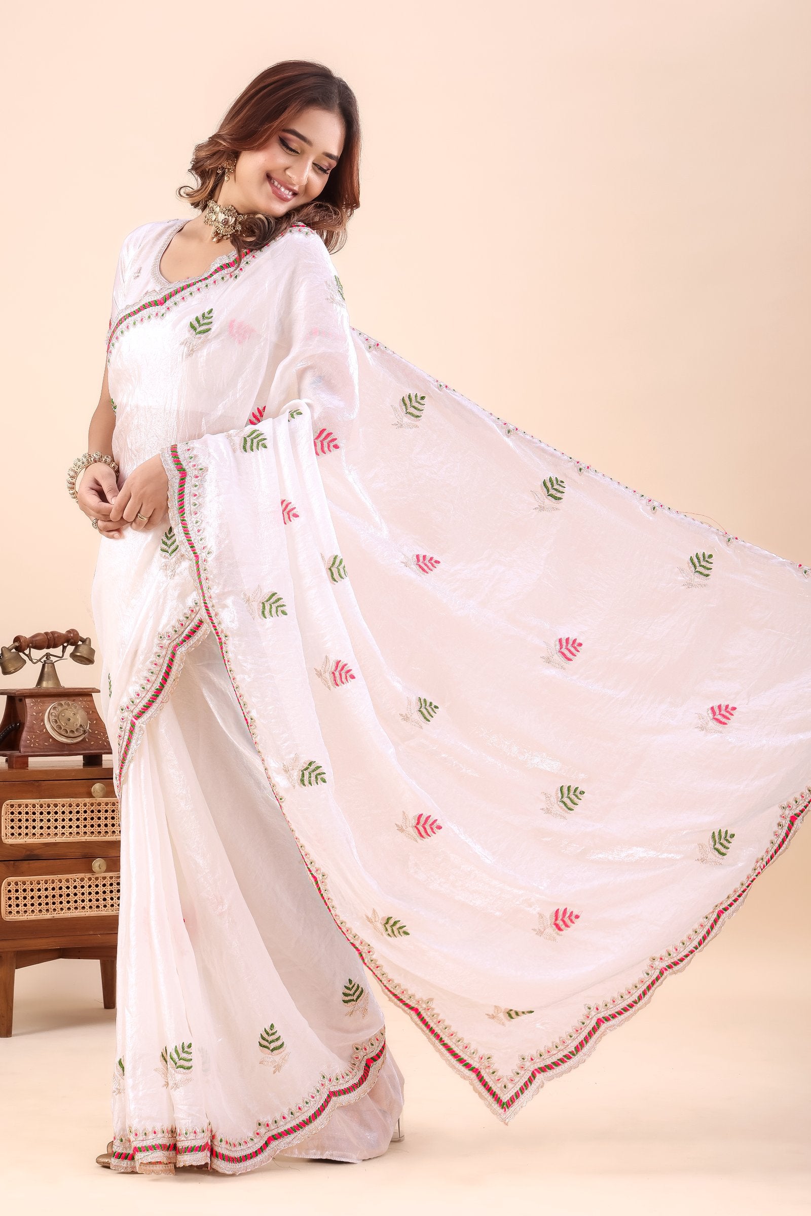 Shvetangi — White Japan Satin Leaf Motif Embroidered Saree