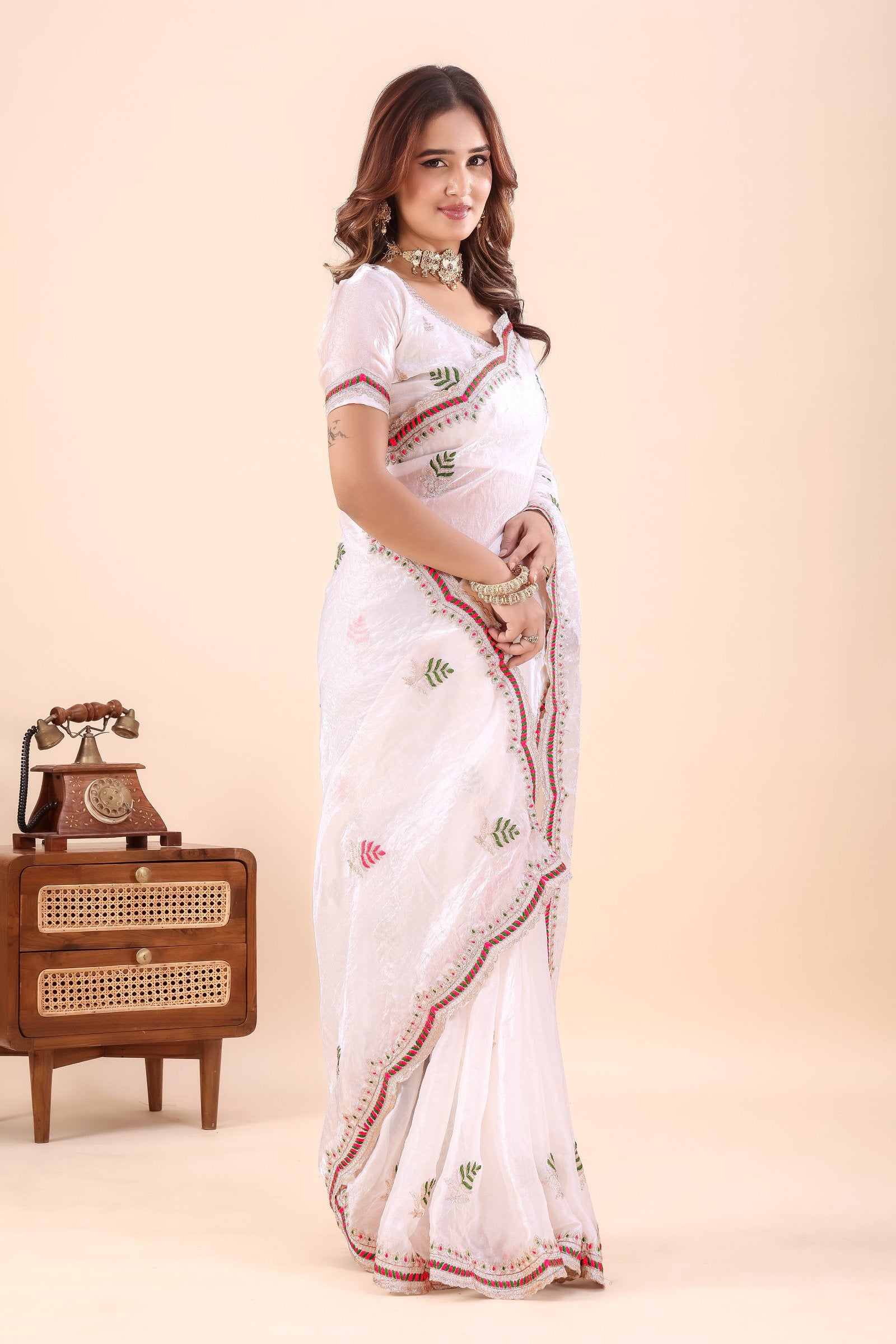 Shvetangi — White Japan Satin Leaf Motif Embroidered Saree
