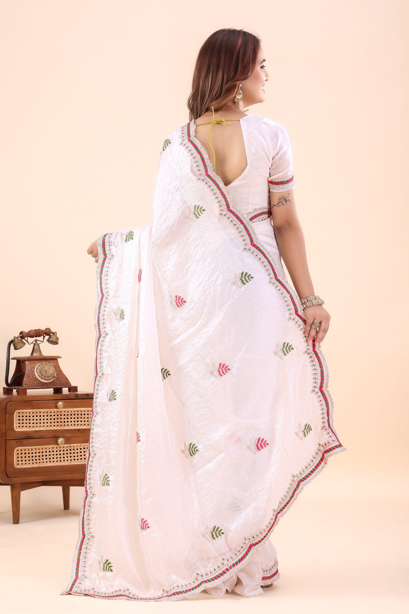 Shvetangi — White Japan Satin Leaf Motif Embroidered Saree