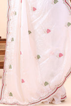 Shvetangi — White Satin Silk Leaf Motif Embroidered Saree