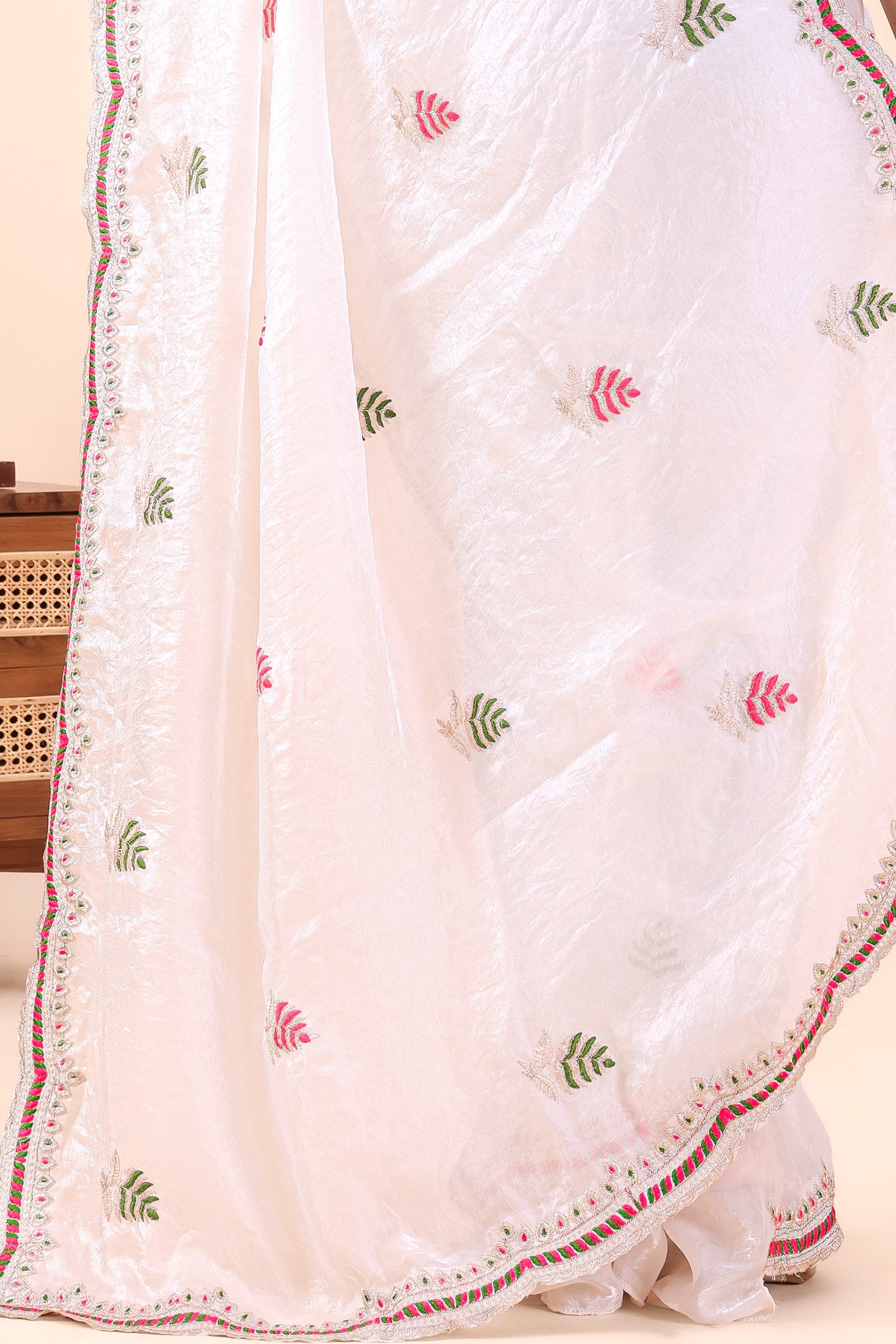 Shvetangi — White Japan Satin Leaf Motif Embroidered Saree