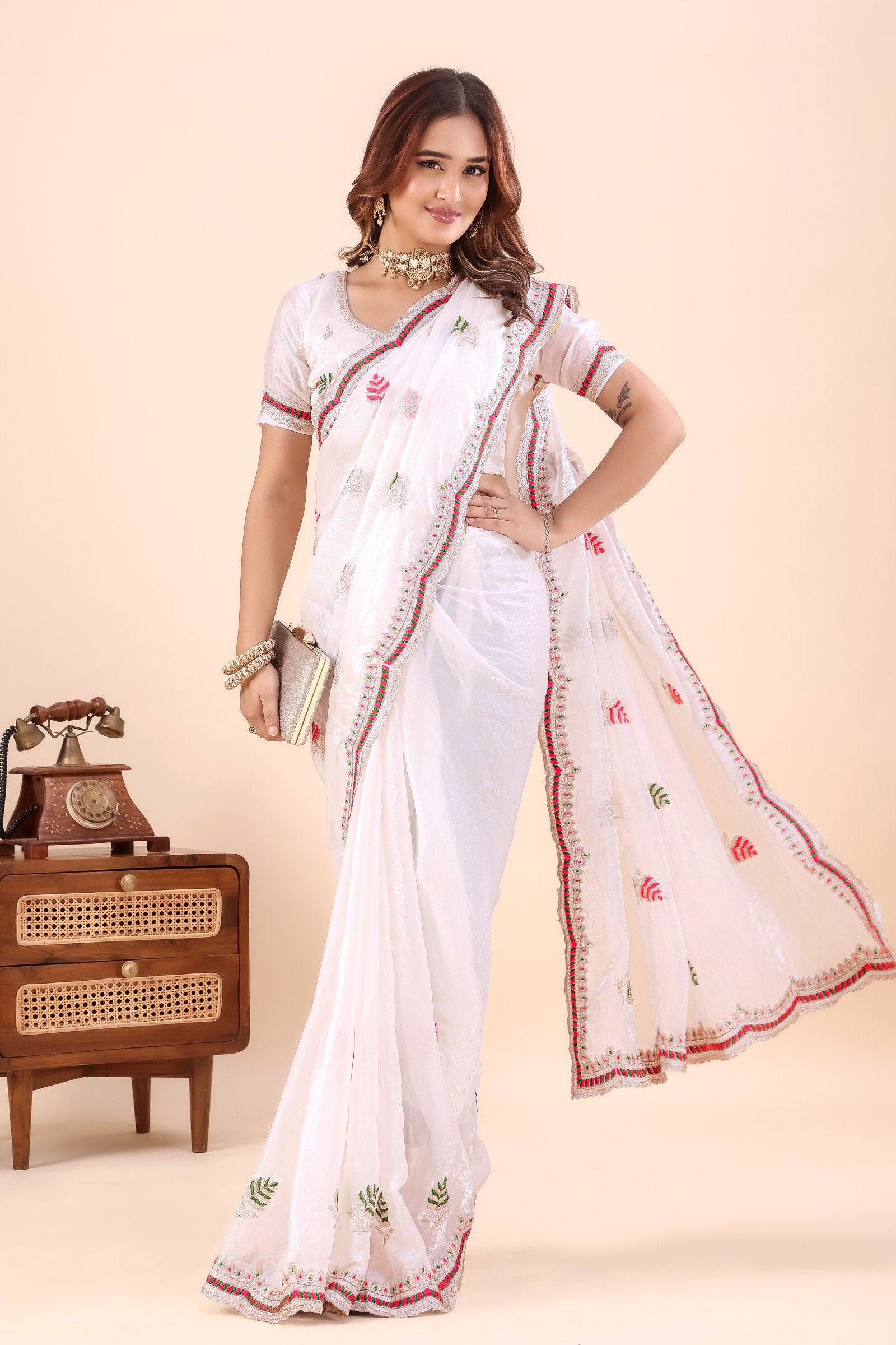 Shvetangi — White Japan Satin Leaf Motif Embroidered Saree
