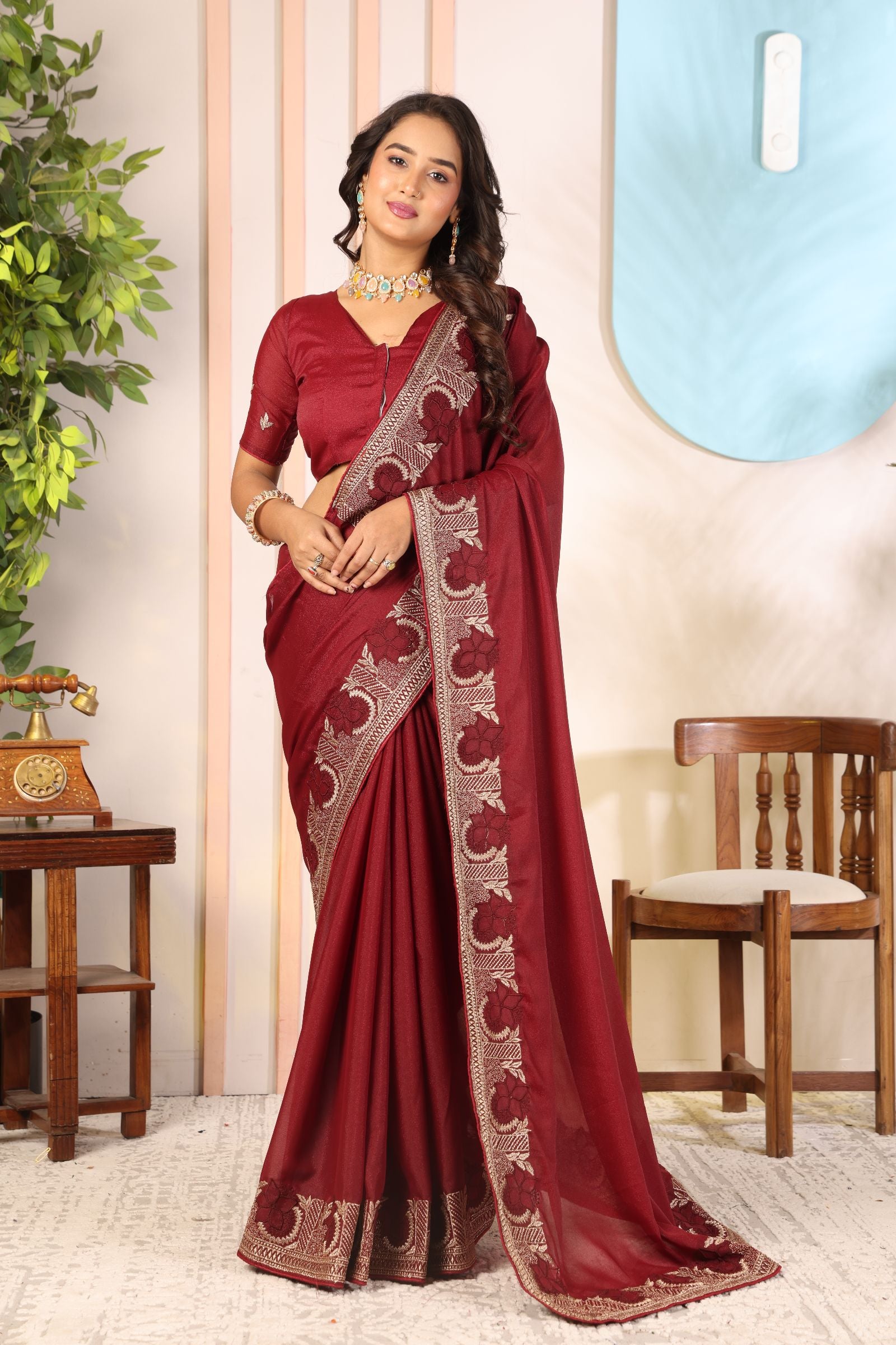Sindhuri — Royal Wine Star Georgette Embroidered Saree