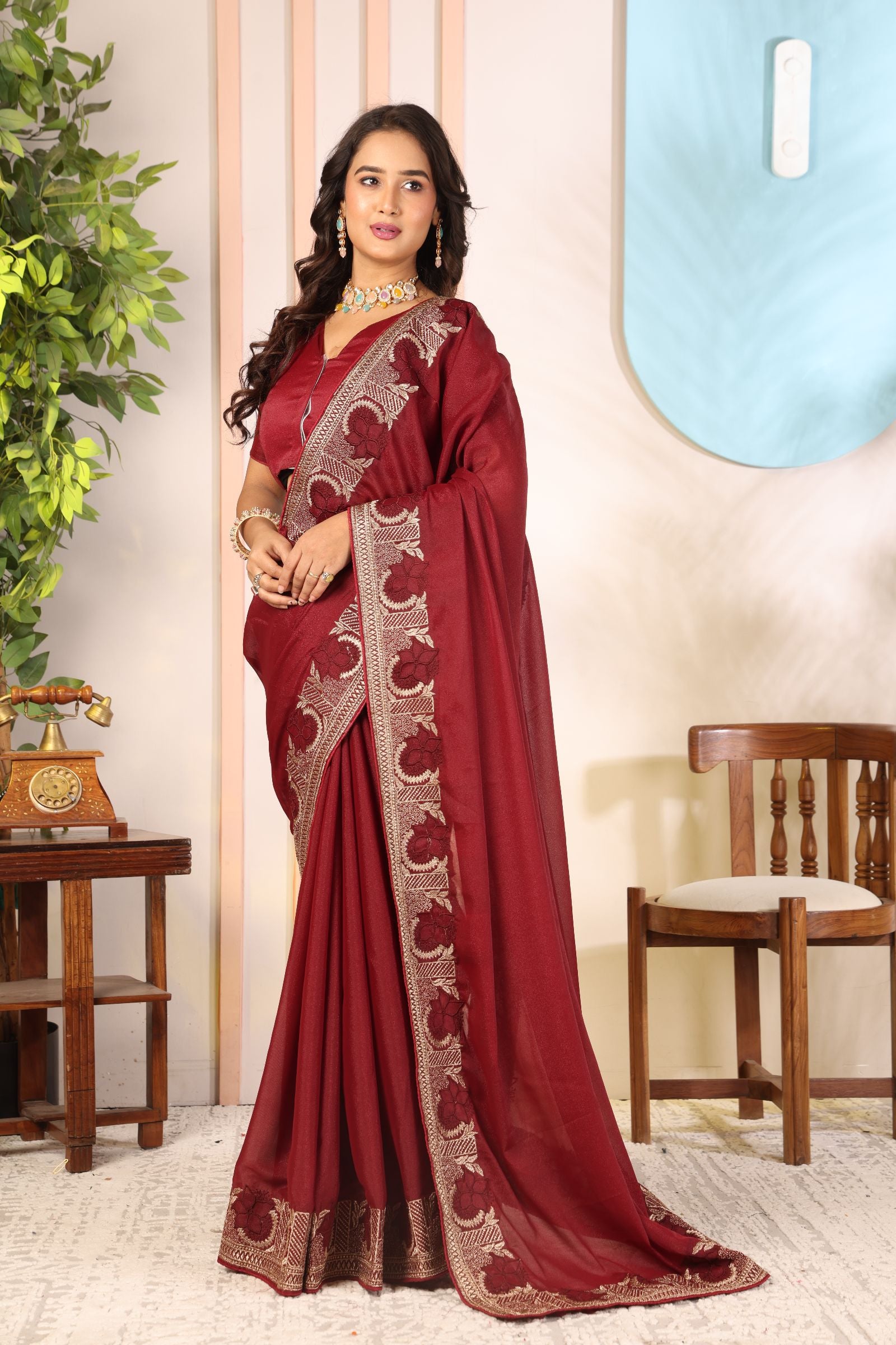 Sindhuri — Royal Wine Star Georgette Embroidered Saree