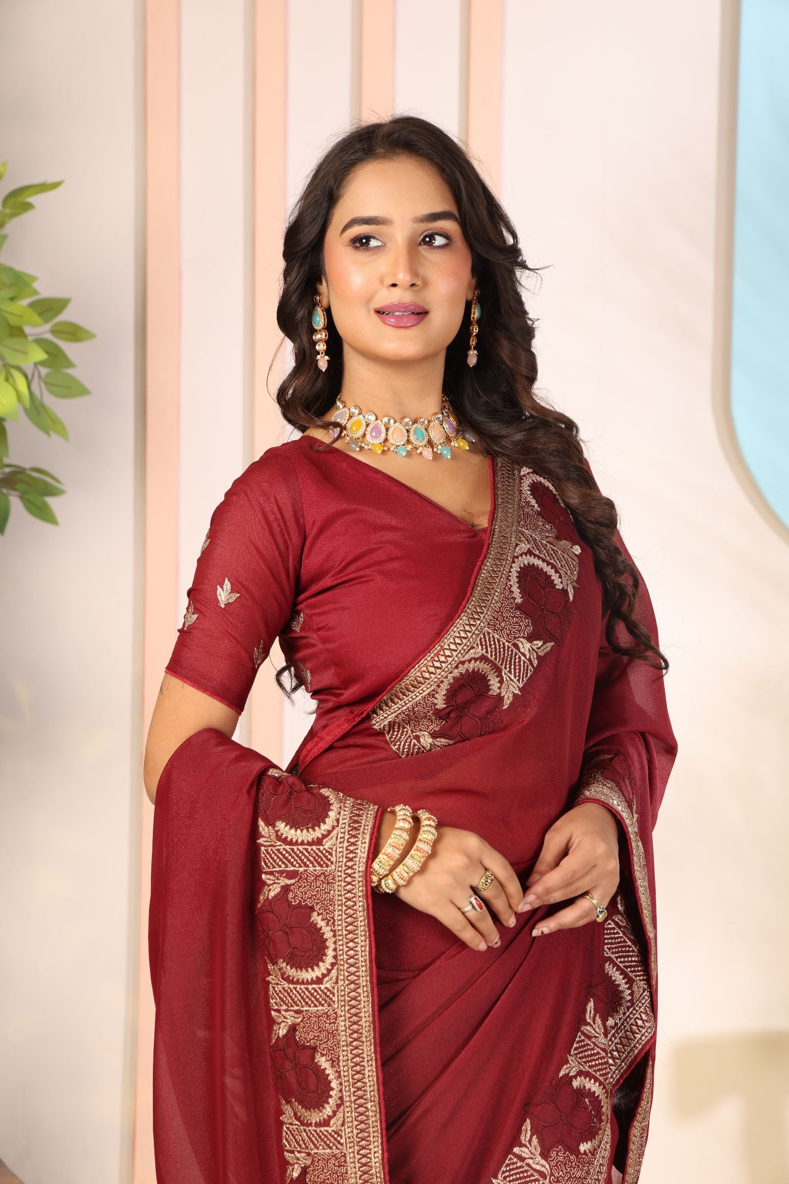 Sindhuri — Royal Wine Star Georgette Embroidered Saree
