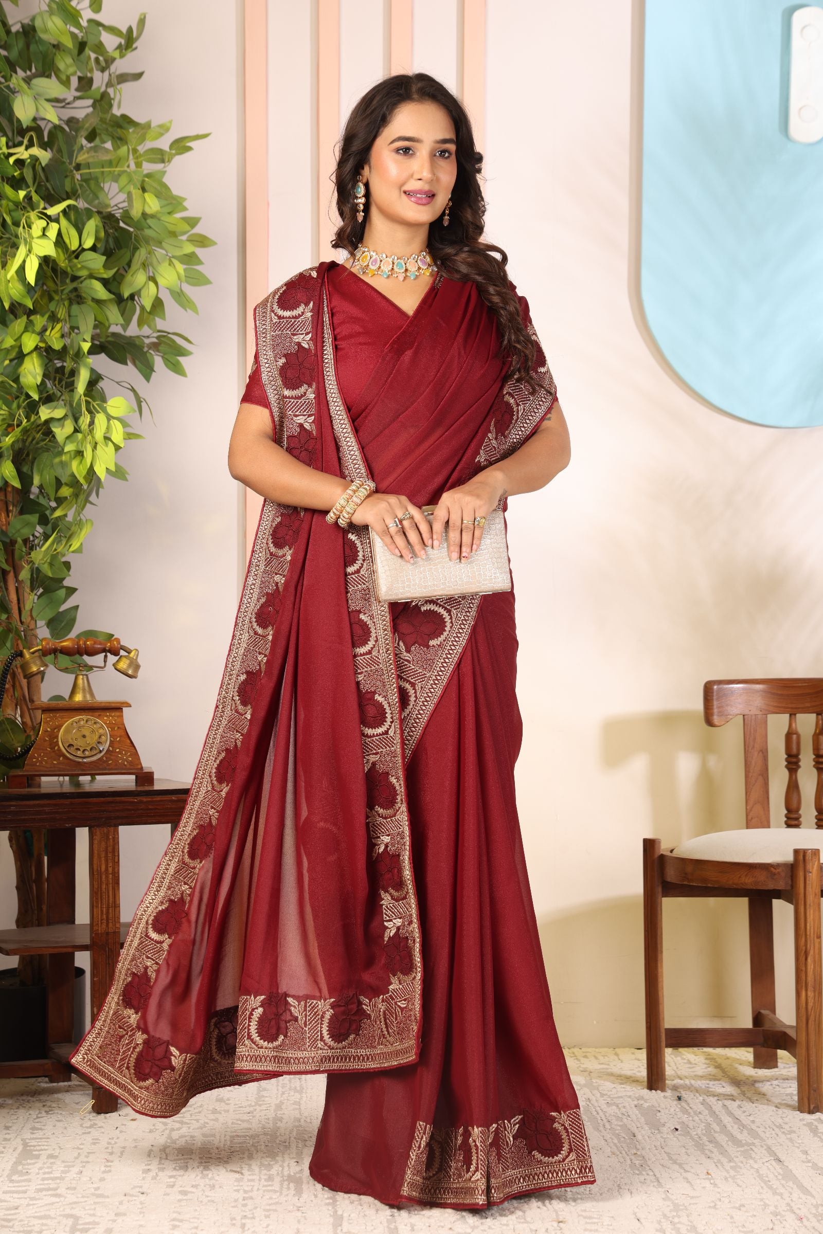 Sindhuri — Royal Wine Star Georgette Embroidered Saree