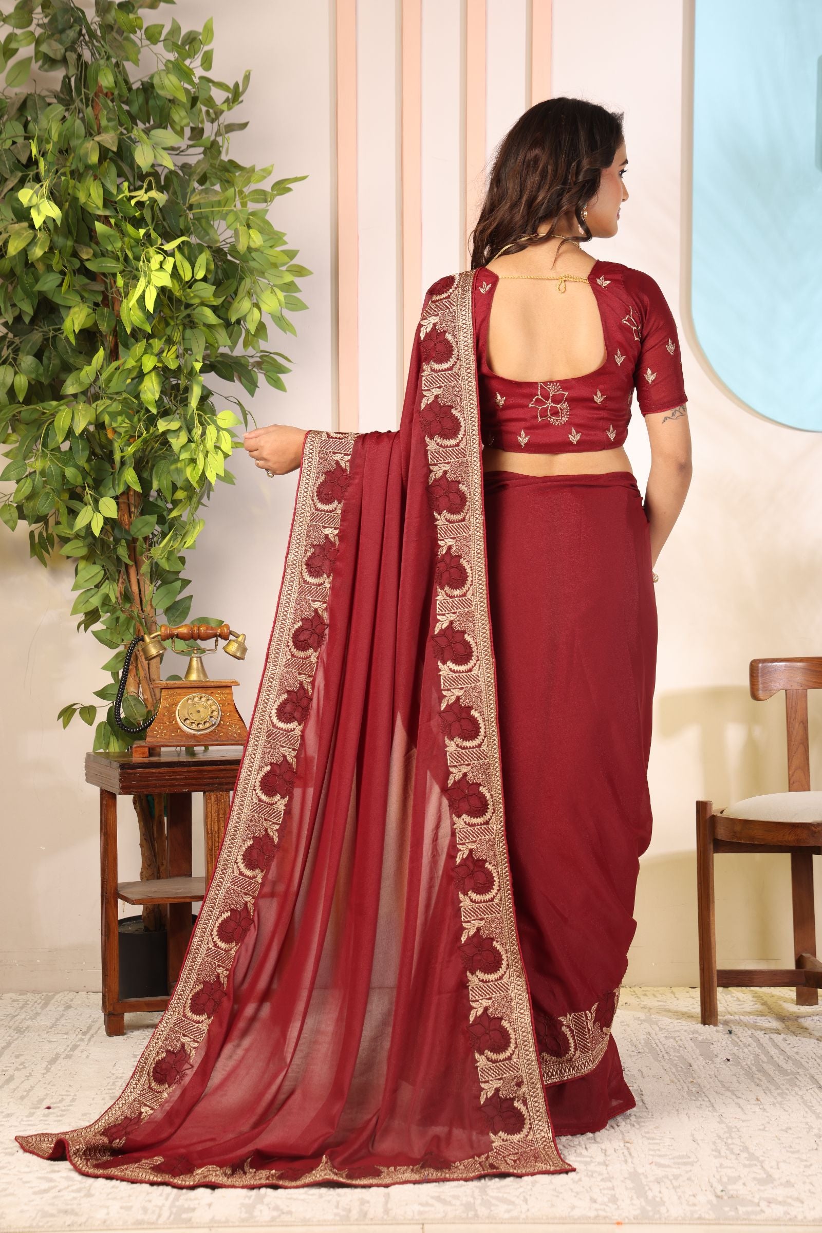 Sindhuri — Royal Wine Star Georgette Embroidered Saree