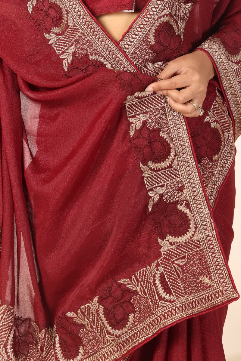 Sindhuri — Royal Wine Star Georgette Embroidered Saree