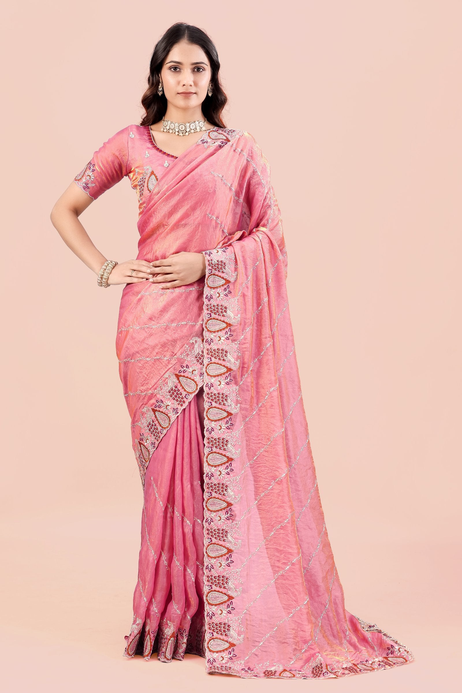 Suhani — Pink Paisley Embroidered Designer Frendy Satin Saree