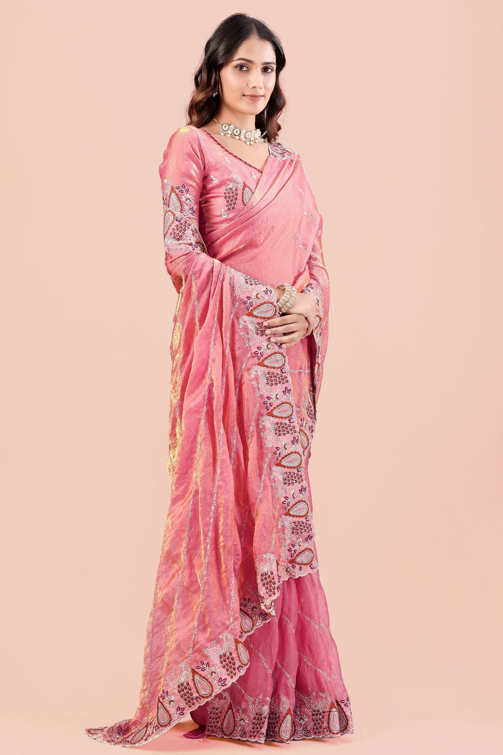 Suhani — Pink Paisley Embroidered Designer Frendy Satin Saree