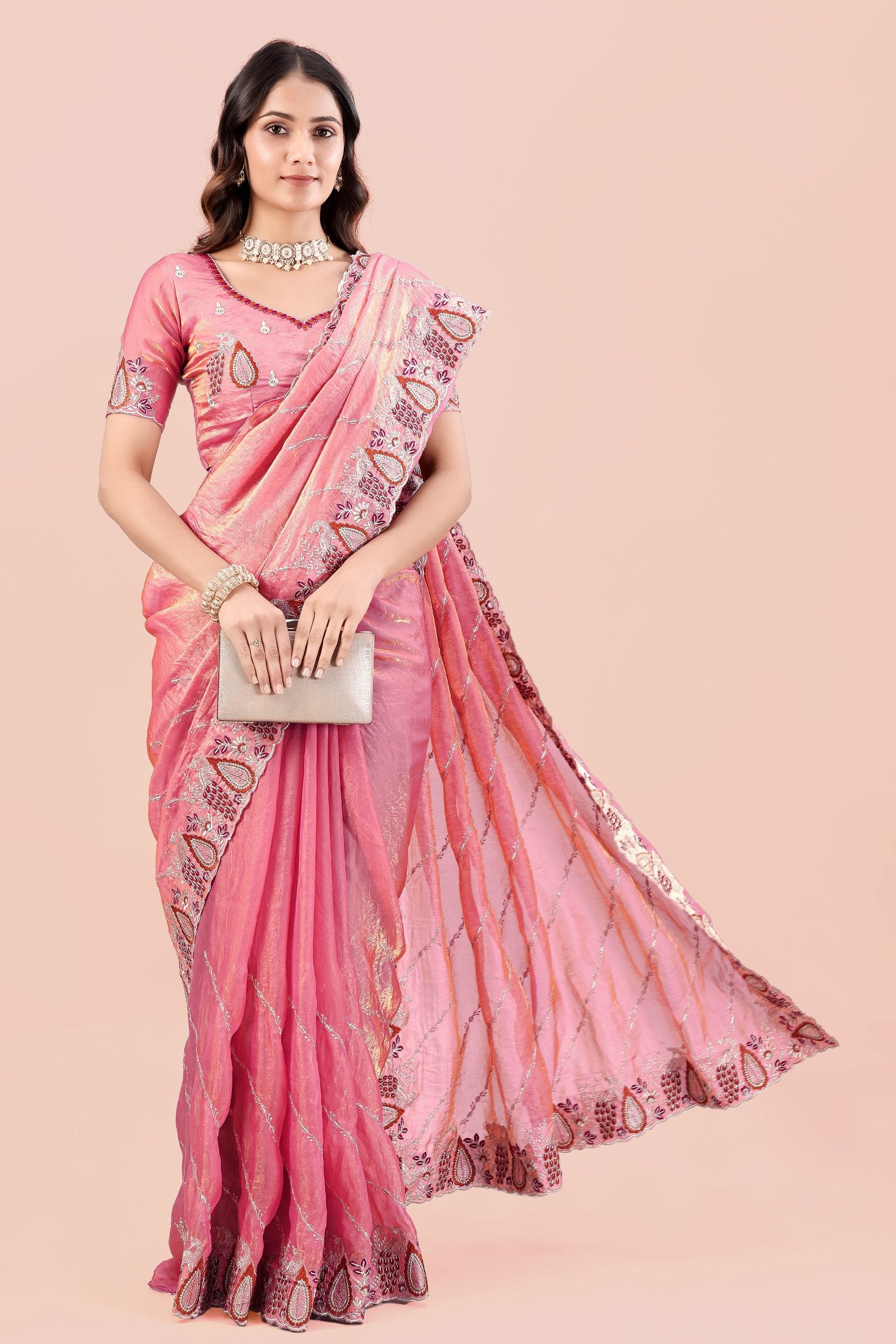 Suhani — Pink Paisley Embroidered Designer Frendy Satin Saree