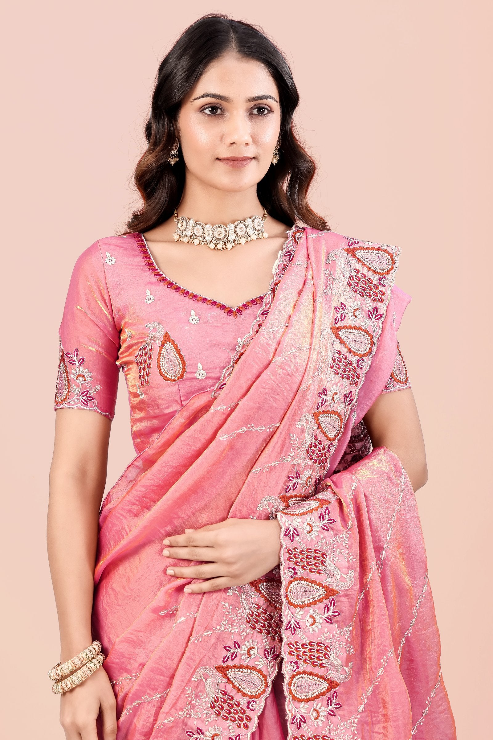 Suhani — Pink Paisley Embroidered Designer Frendy Satin Saree
