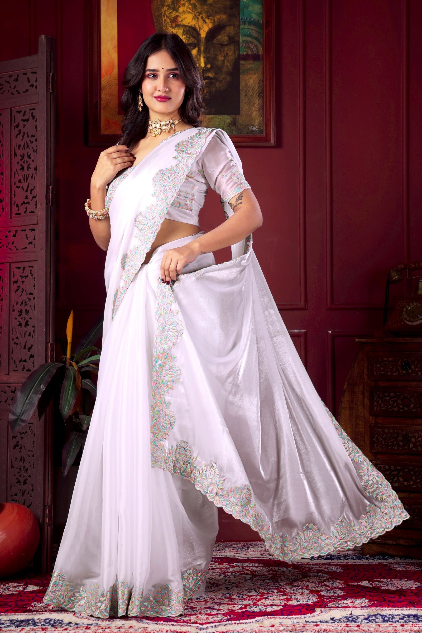 Swetha — White Rising Chiffon Embroidered Saree