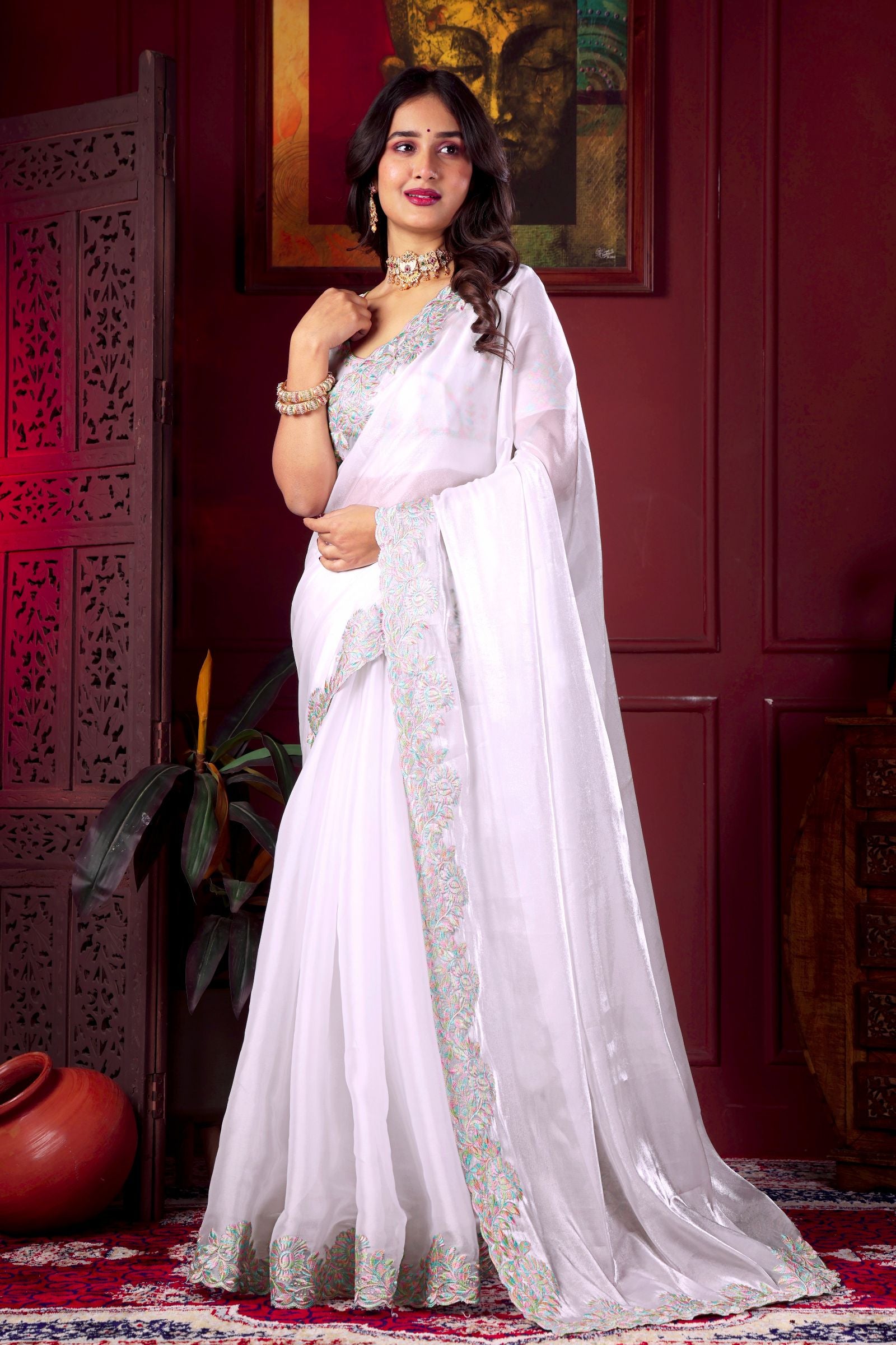 Swetha — White Rising Chiffon Embroidered Saree