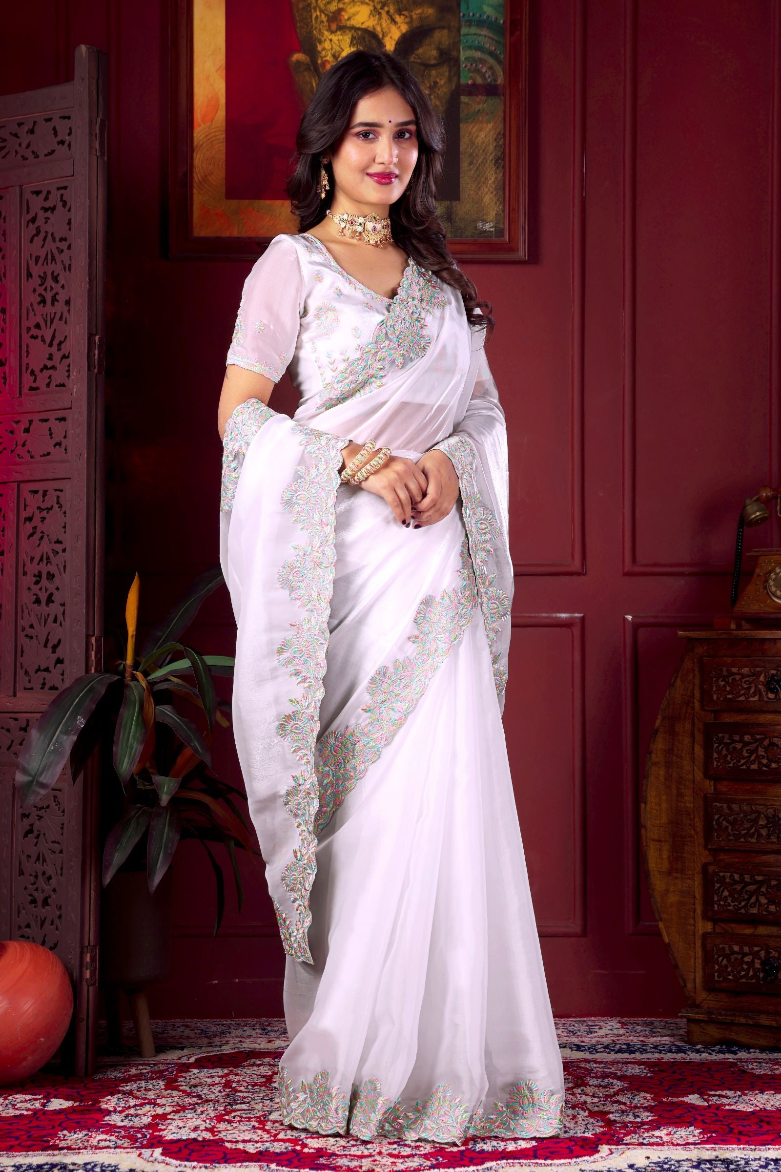 Swetha — White Rising Chiffon Embroidered Saree