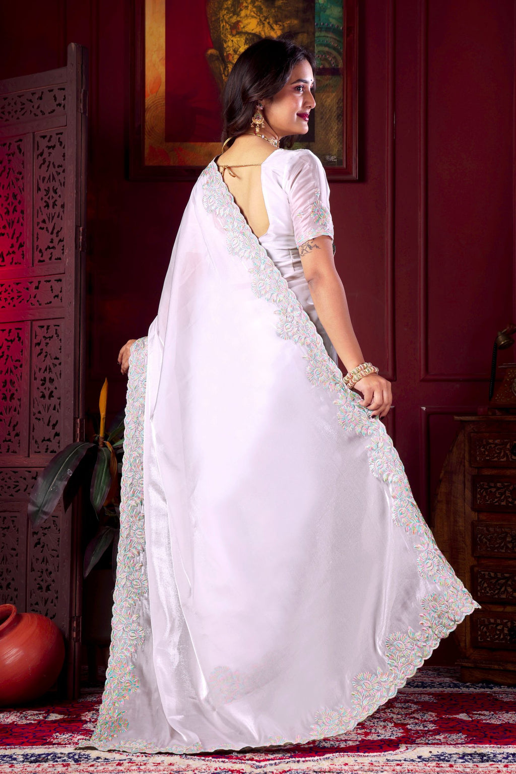 Swetha — White Rising Chiffon Embroidered Saree