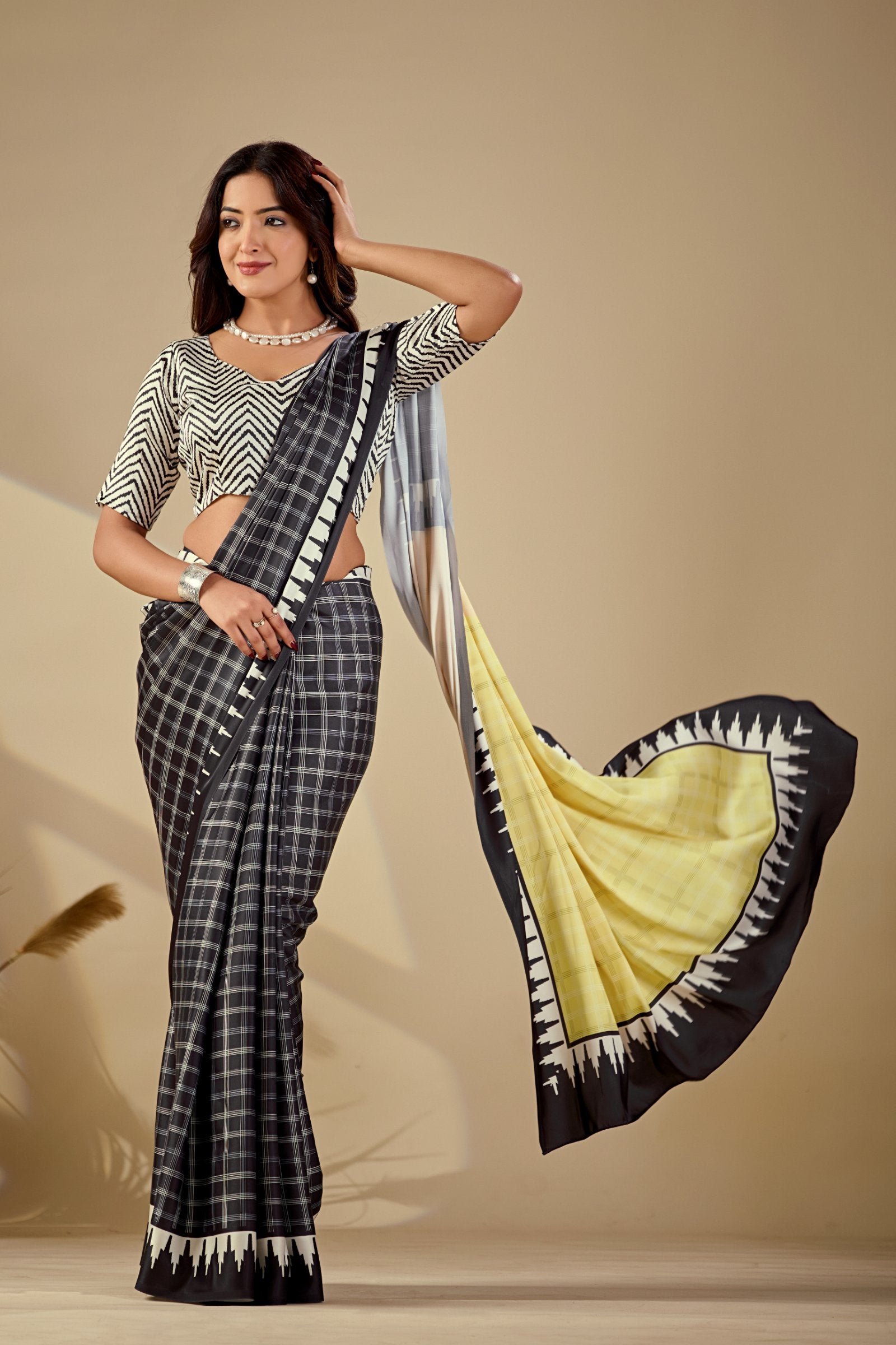 Takshshila — Japan Satin Geometric Modern Print Saree