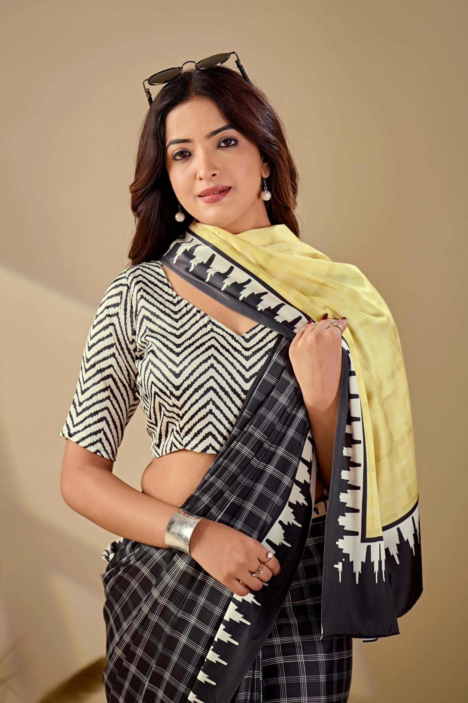 Takshshila — Japan Satin Geometric Modern Print Saree