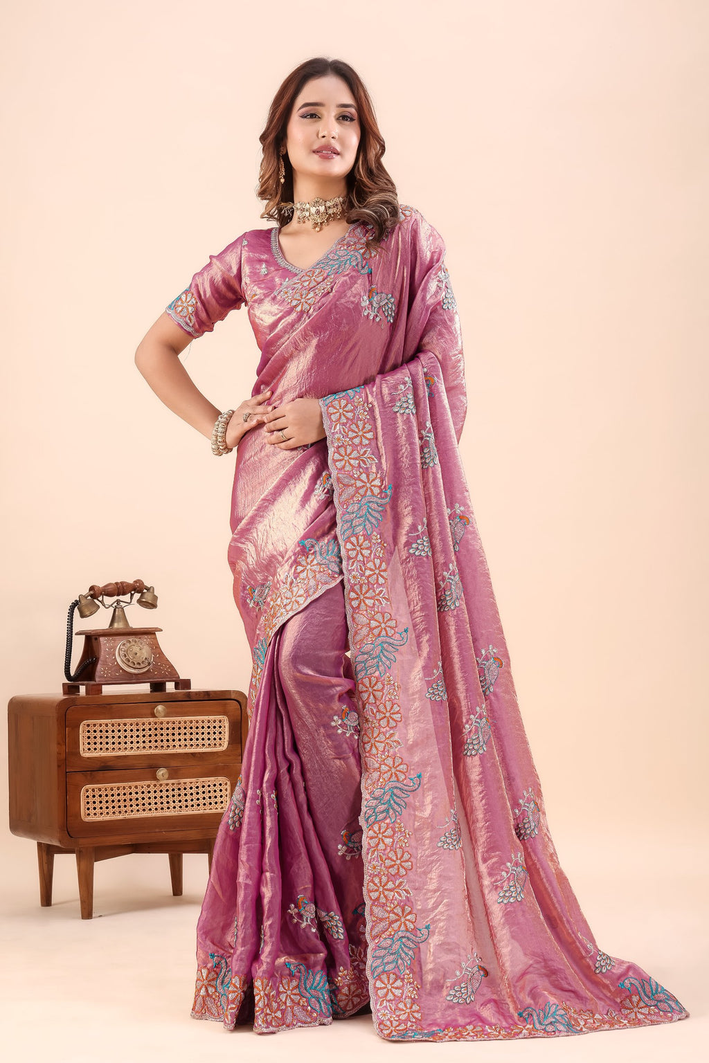 Tarakshi — Pink Satin Silk Peacock Embroidered Saree