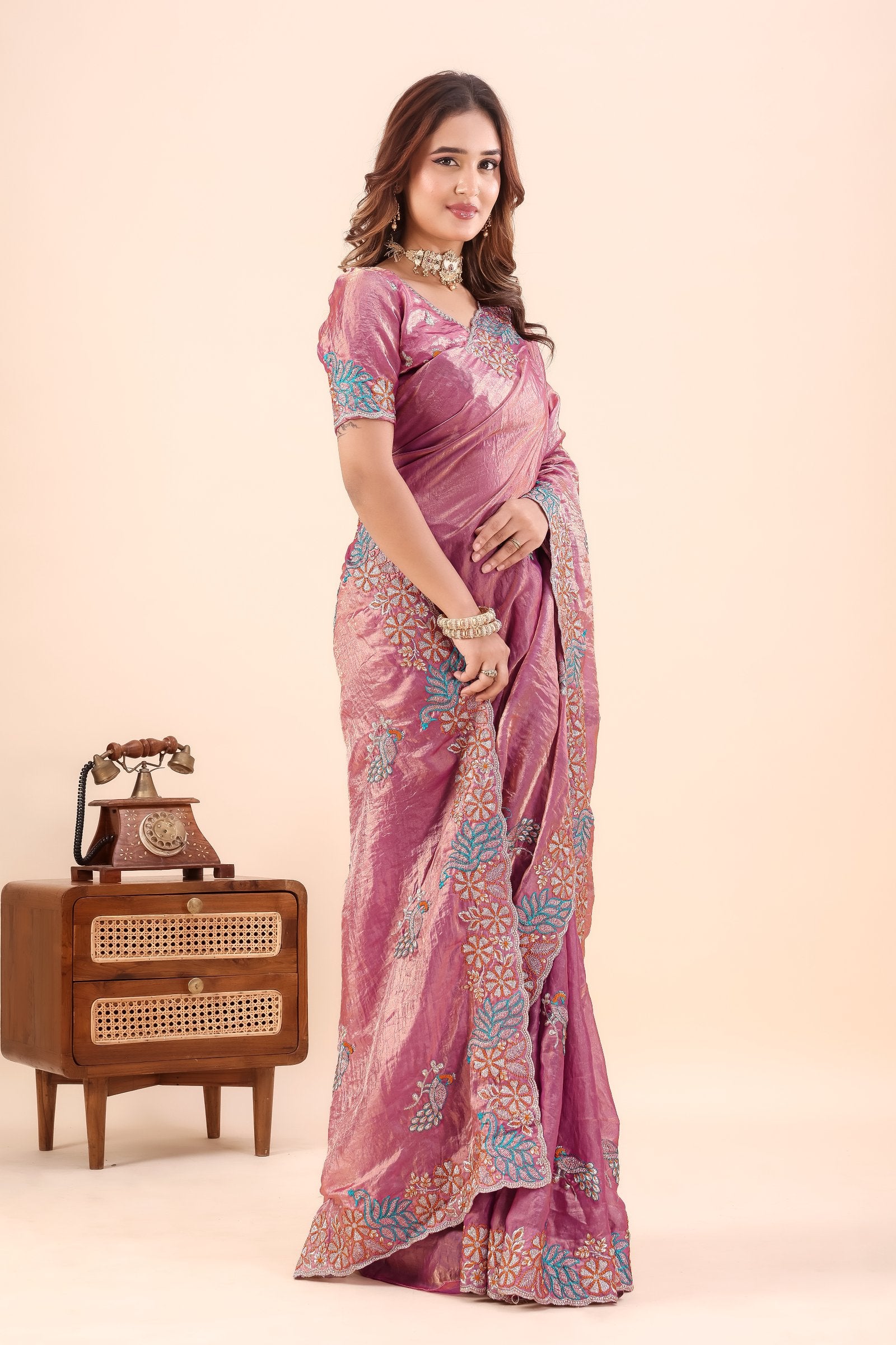 Tarakshi — Pink Japan Satin Peacock Embroidered Saree