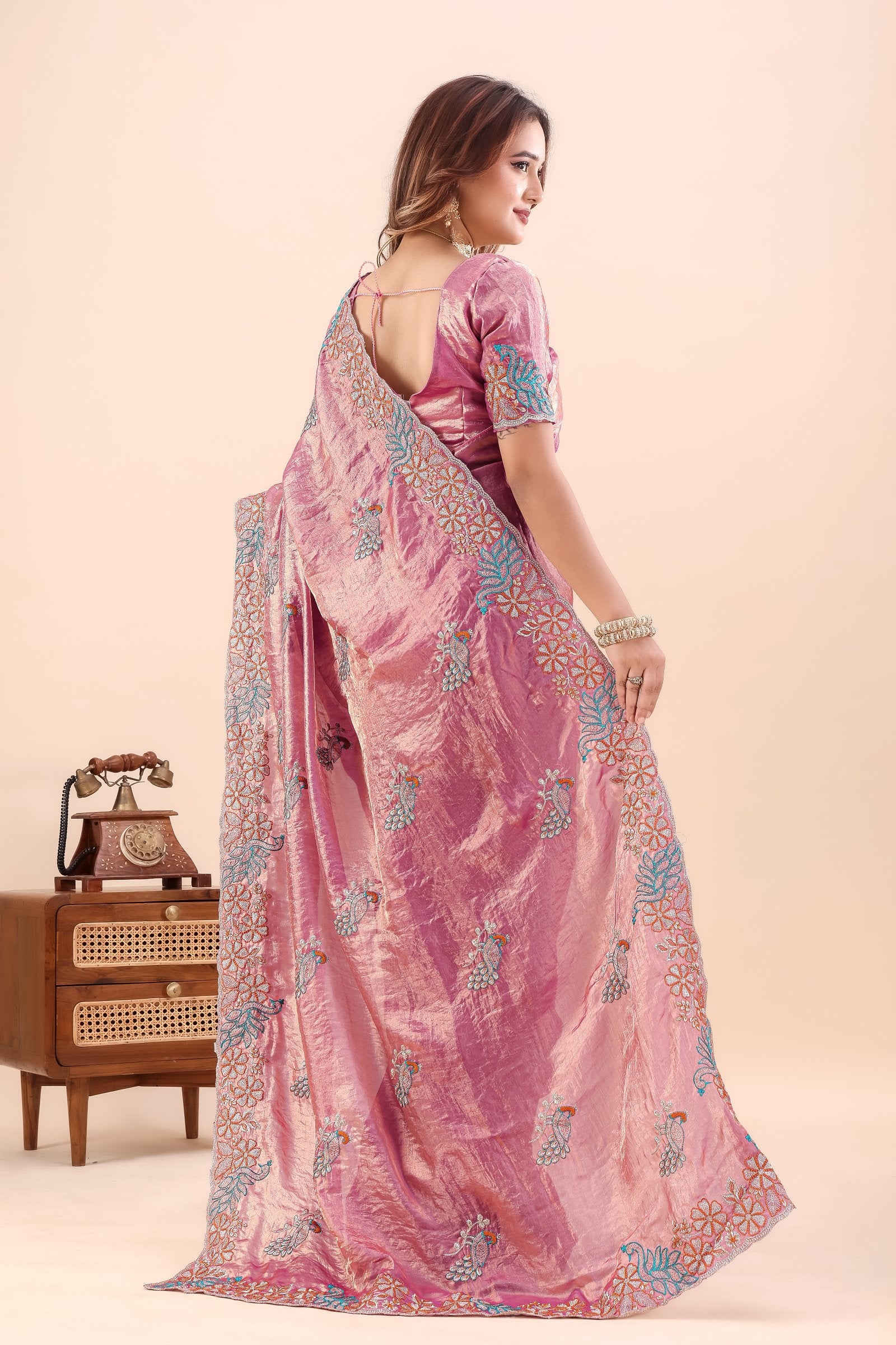 Tarakshi — Pink Japan Satin Peacock Embroidered Saree