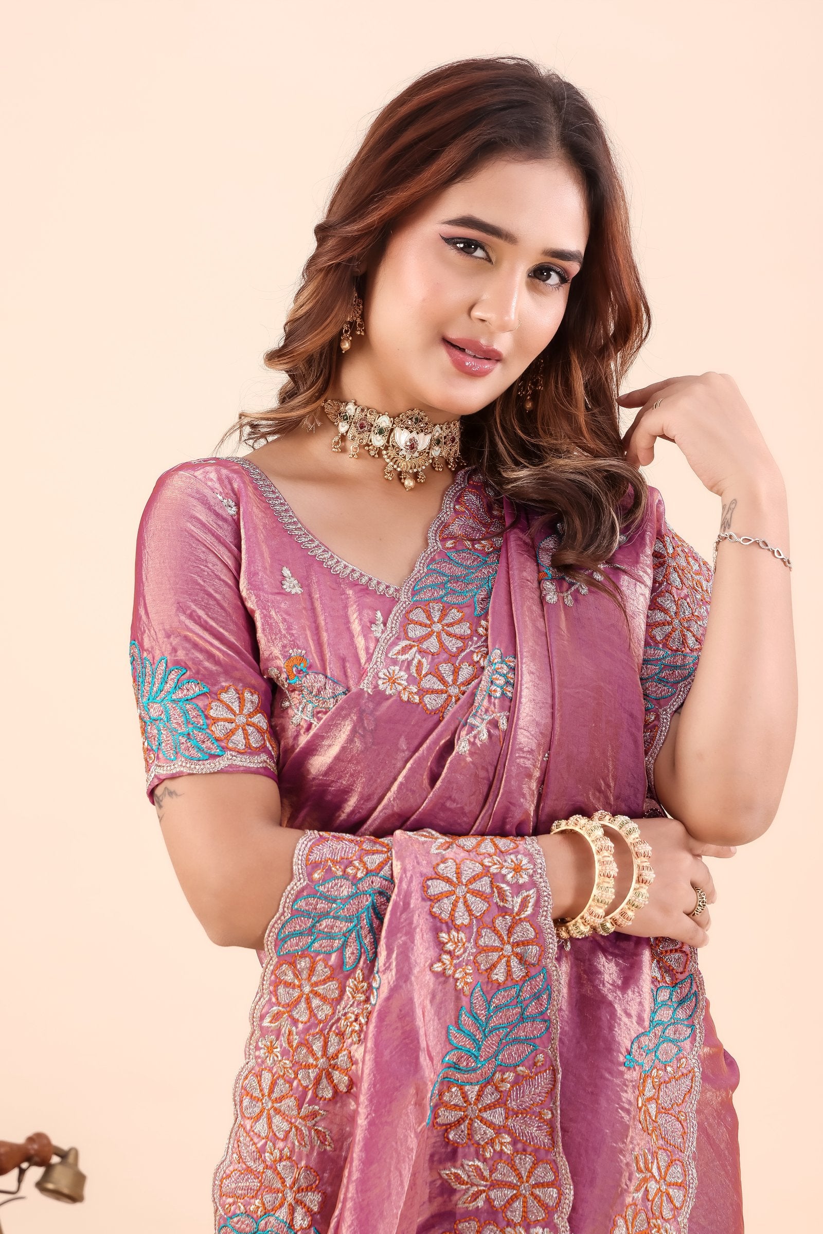 Tarakshi — Pink Japan Satin Peacock Embroidered Saree