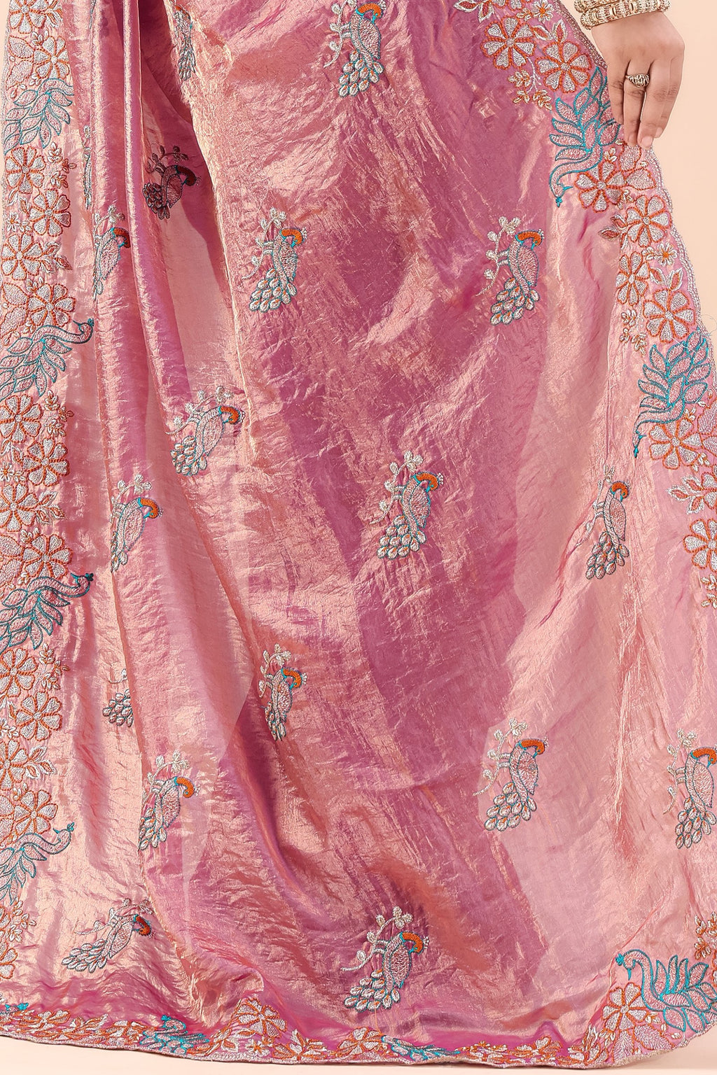 Tarakshi — Pink Satin Silk Peacock Embroidered Saree