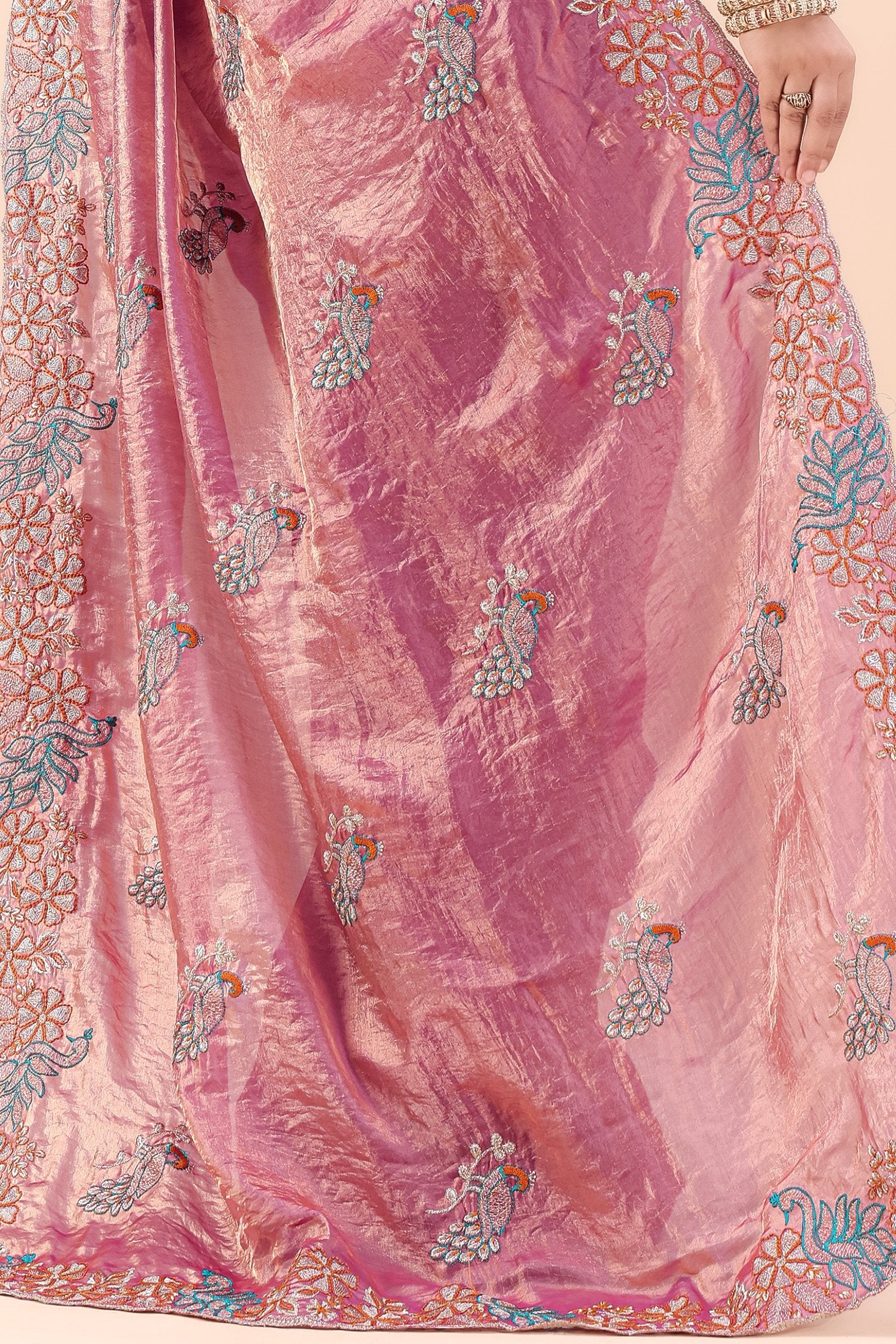 Tarakshi — Pink Japan Satin Peacock Embroidered Saree