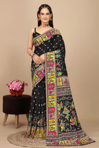 Utsavi — Vibrant Folk Art Black Silk Saree