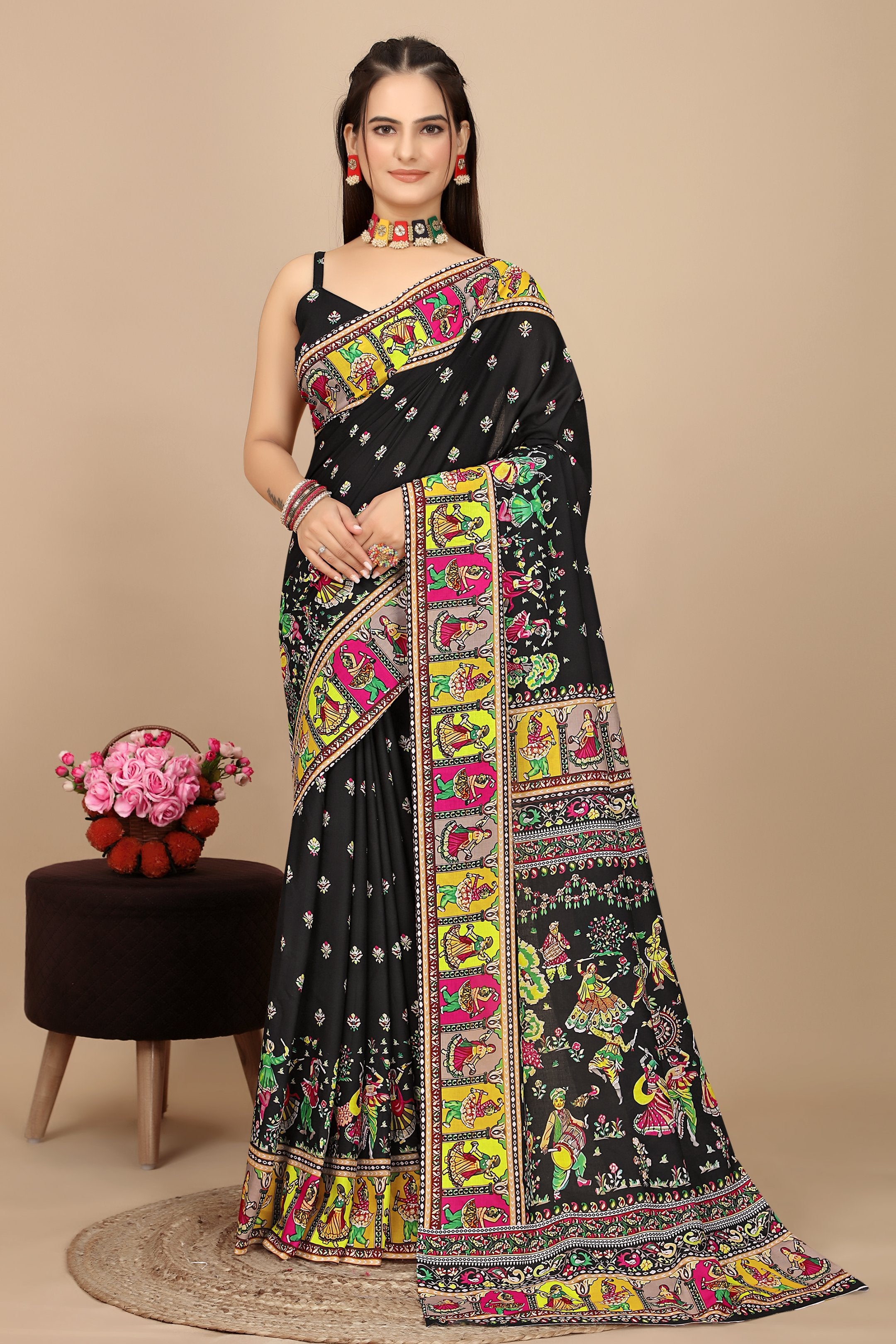 Utsavi — Vibrant Folk Art Black Silk Saree