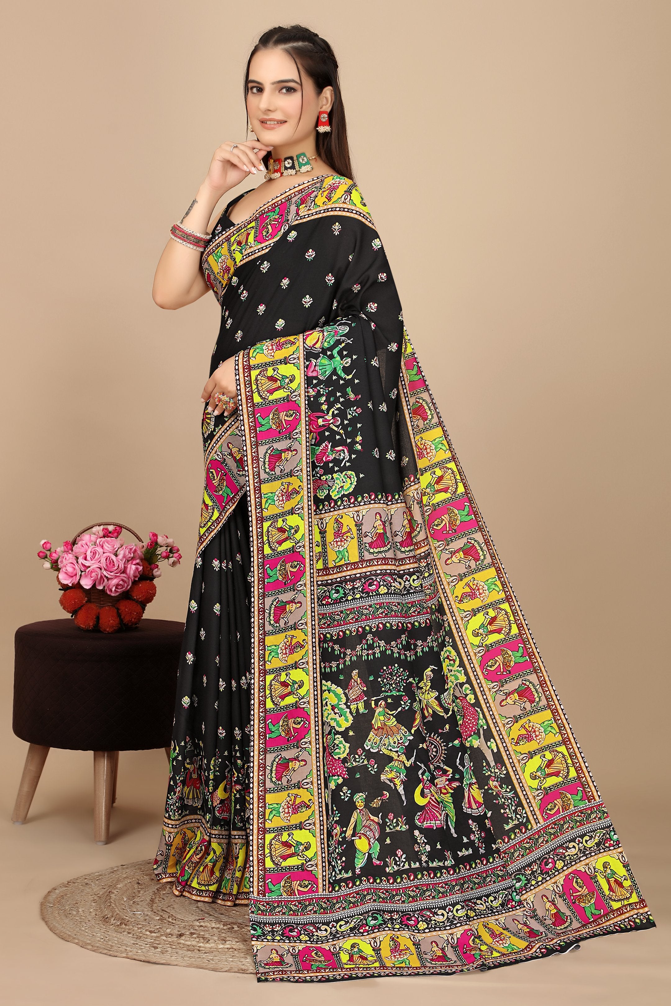 Utsavi — Vibrant Folk Art Black Silk Saree