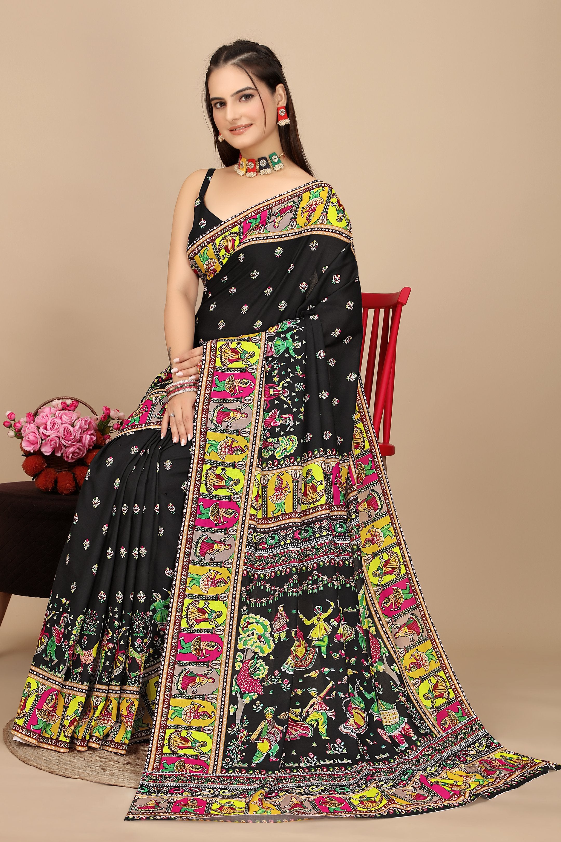 Utsavi — Vibrant Folk Art Black Silk Saree