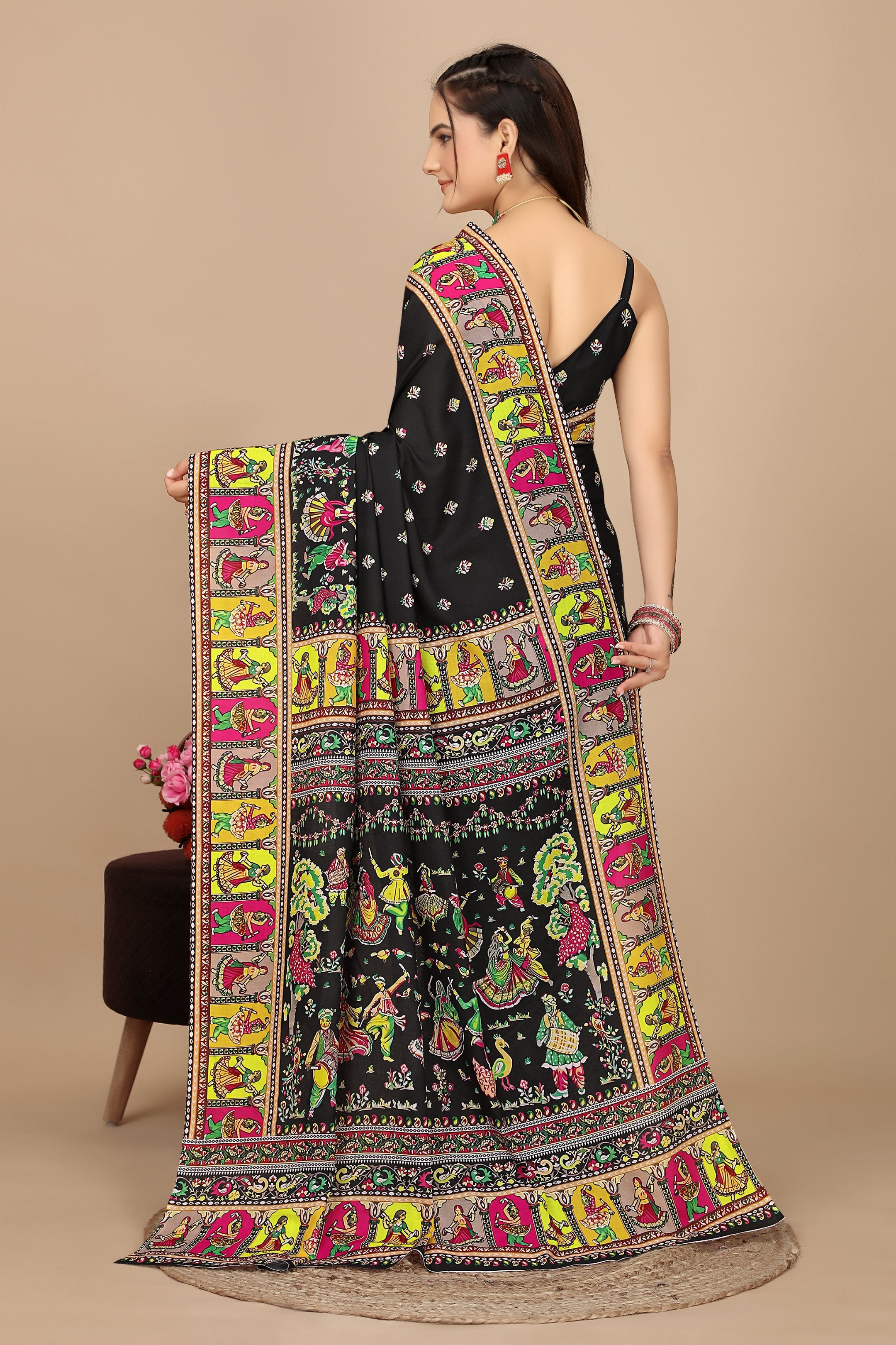 Utsavi — Vibrant Folk Art Black Silk Saree