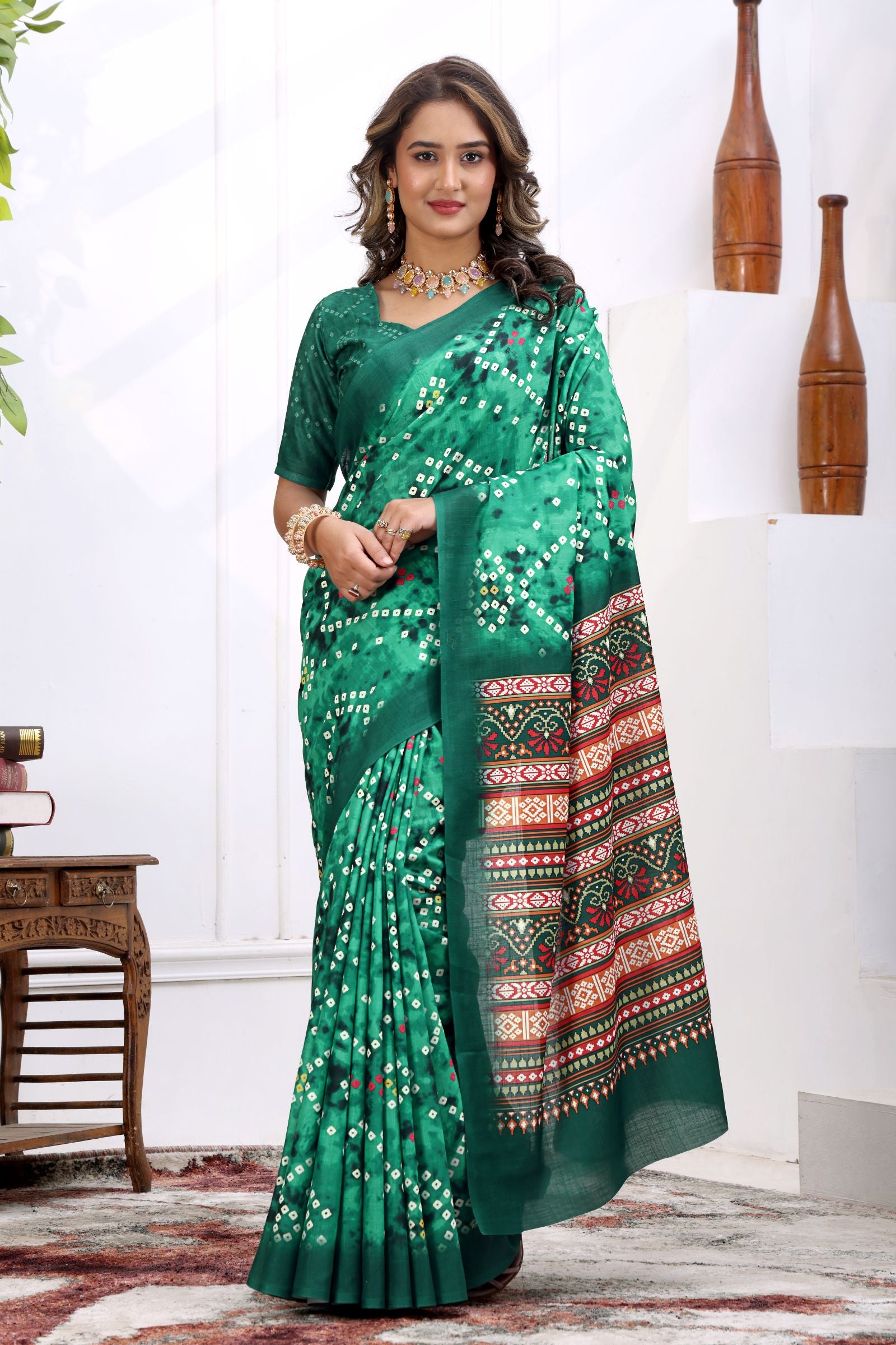 Vanasri — Emerald Bandhej Cotton Linen Saree