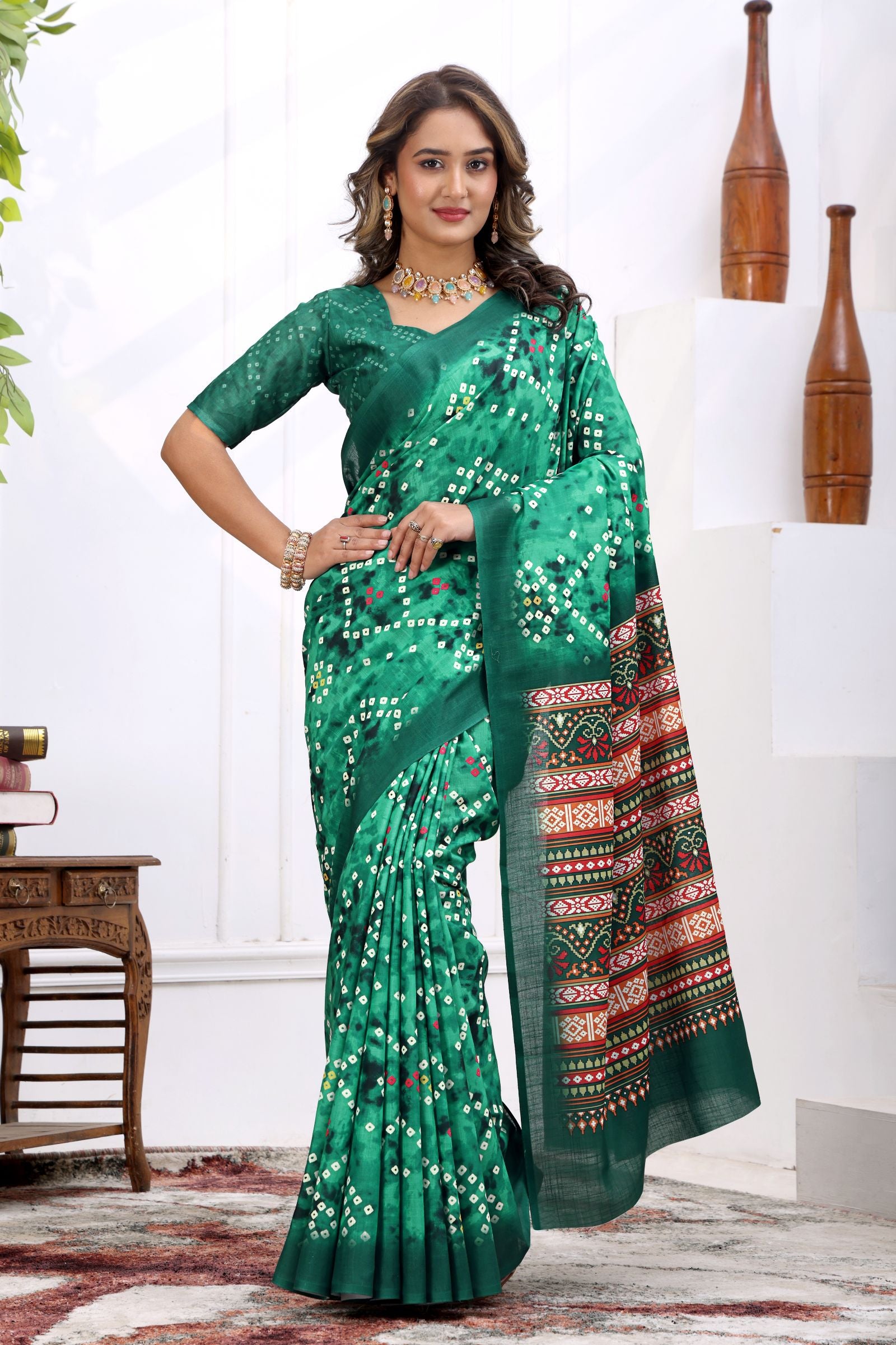 Vanasri — Emerald Bandhej Cotton Linen Saree