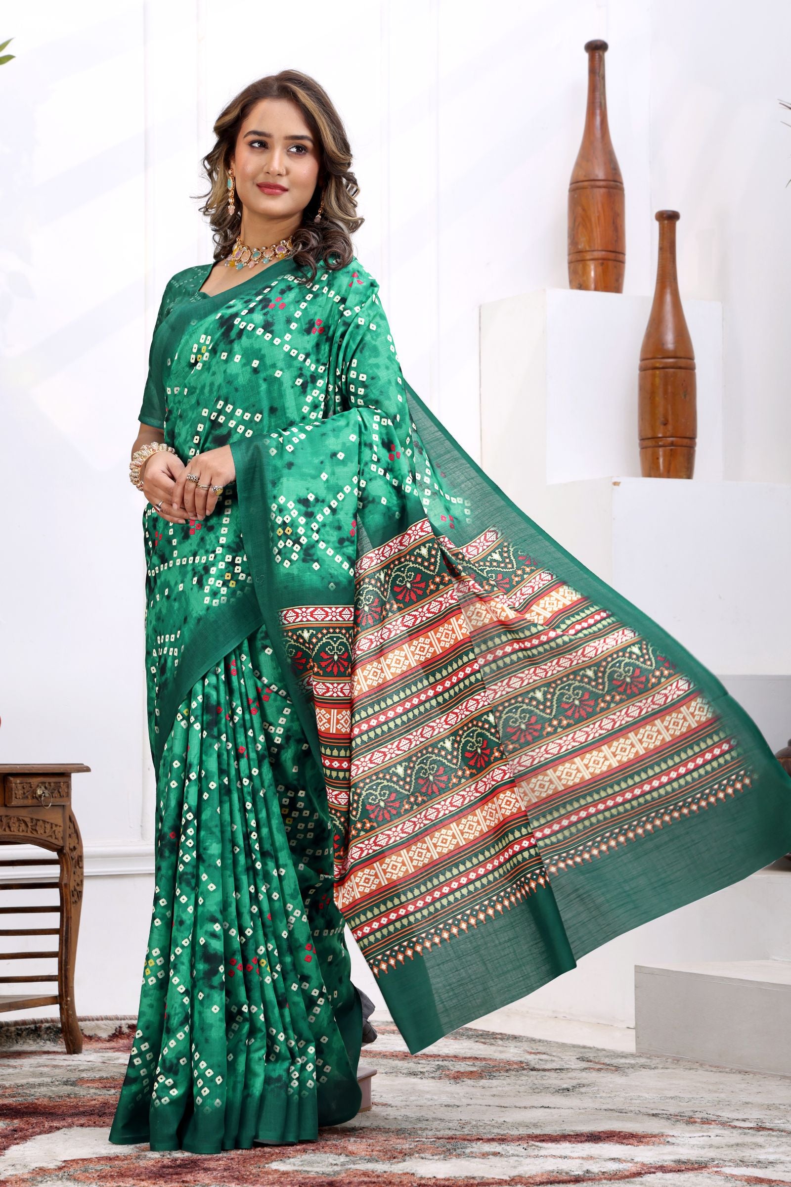 Vanasri — Emerald Bandhej Cotton Linen Saree