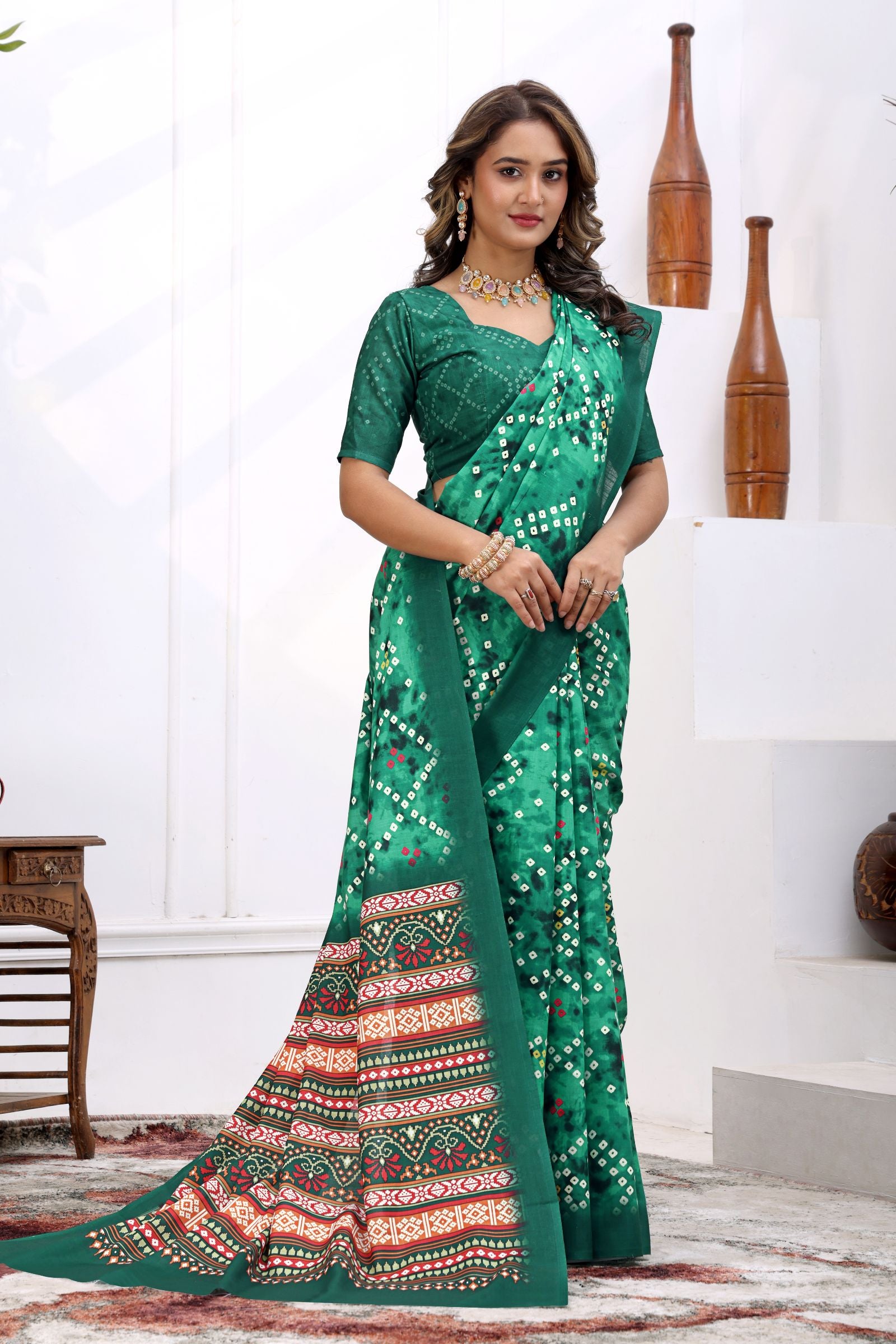 Vanasri — Emerald Bandhej Cotton Linen Saree