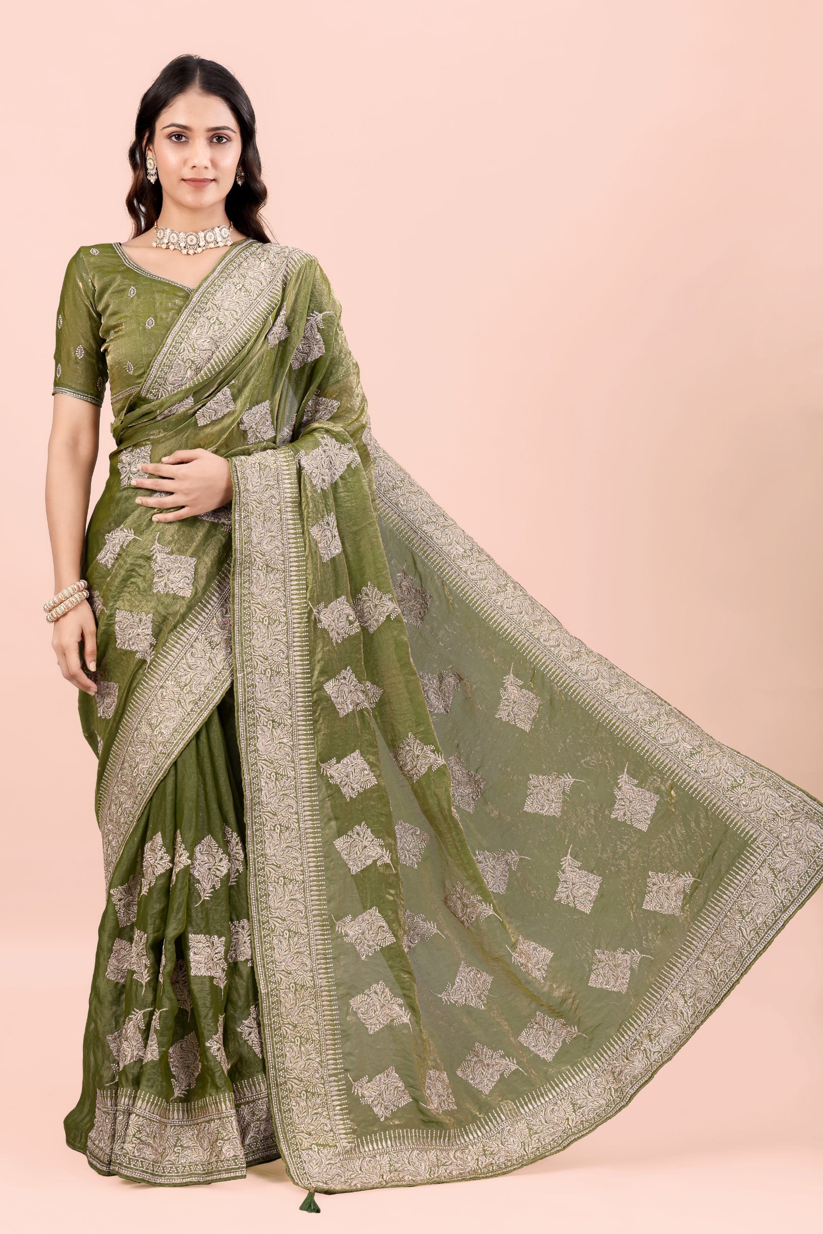 Vanya — Green Traditional Embroidered Frendy Satin Saree