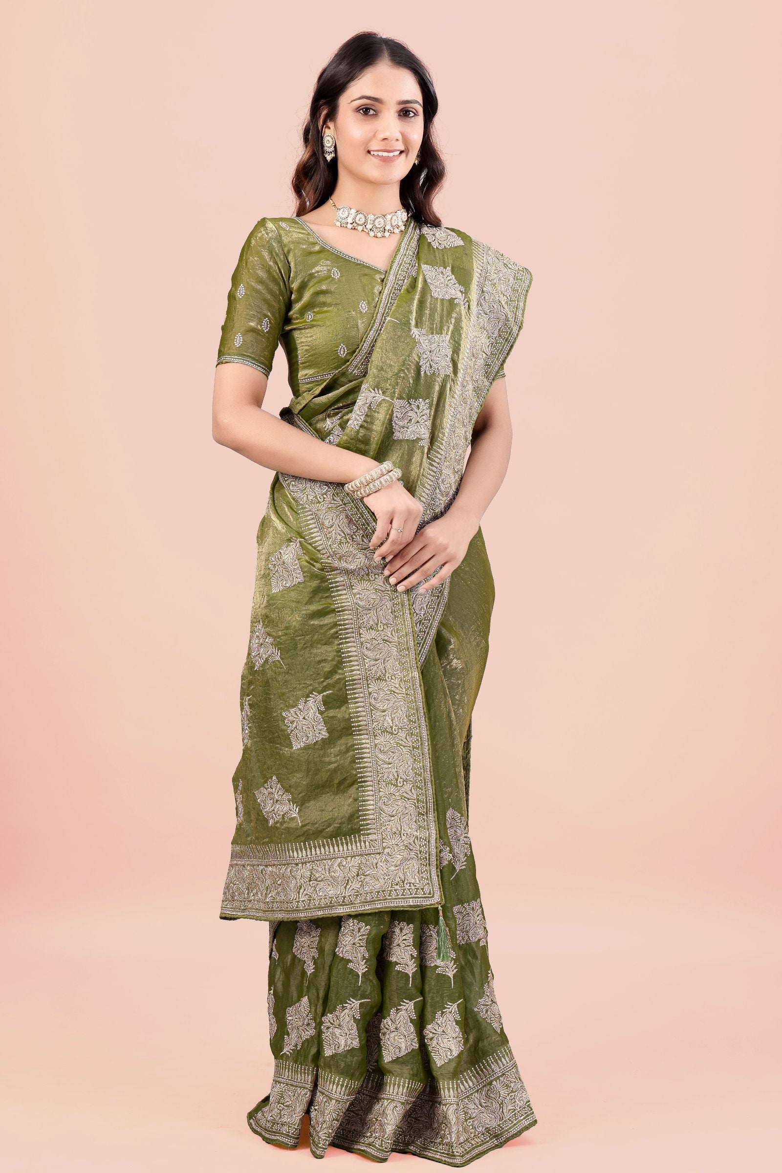 Vanya — Green Traditional Embroidered Frendy Satin Saree